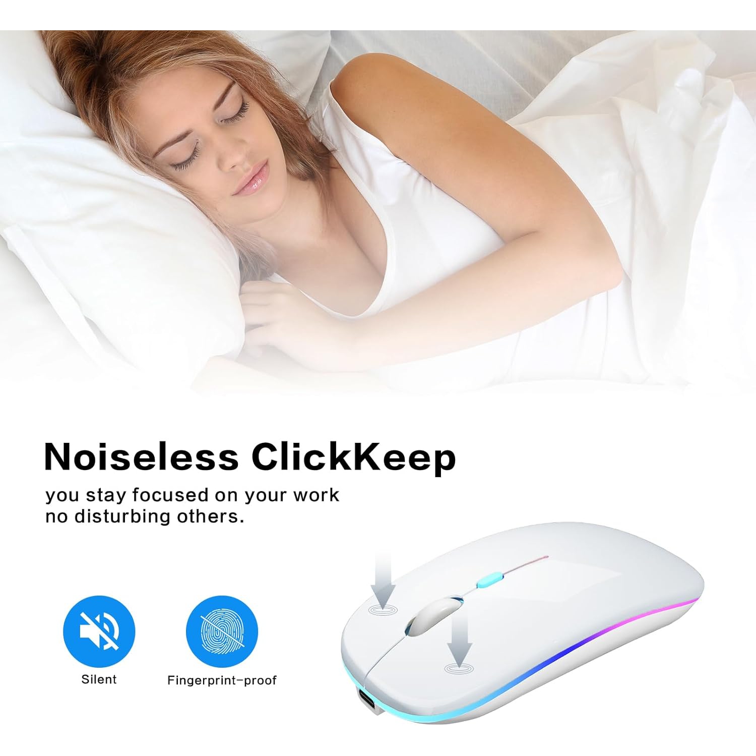 Souris sans fil Bluetooth rechargeable pour portable LED portatif Souris d'ordinateur Connexion à deux modes Souris mince silencieuse (argenté)