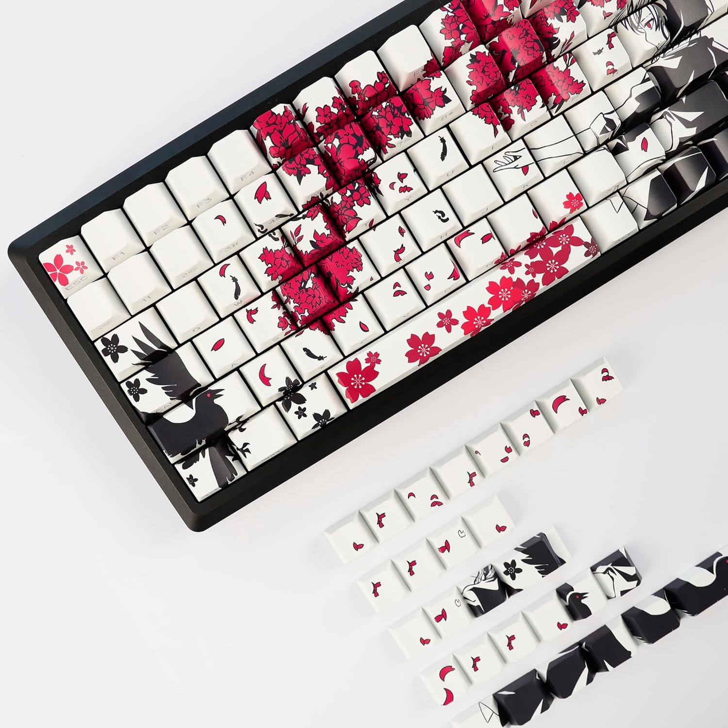 131 Raven Sakura Keycap Cherry Profile Double Shot Sidelit Shine Through PBT Keycaps for MX Mechanical Keyboard(White)