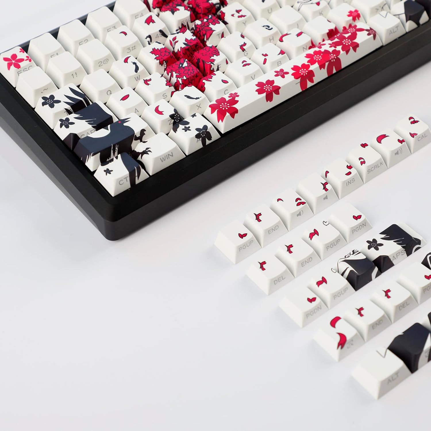 131 Raven Sakura Keycap Cherry Profile Double Shot Sidelit Shine Through PBT Keycaps for MX Mechanical Keyboard(White)