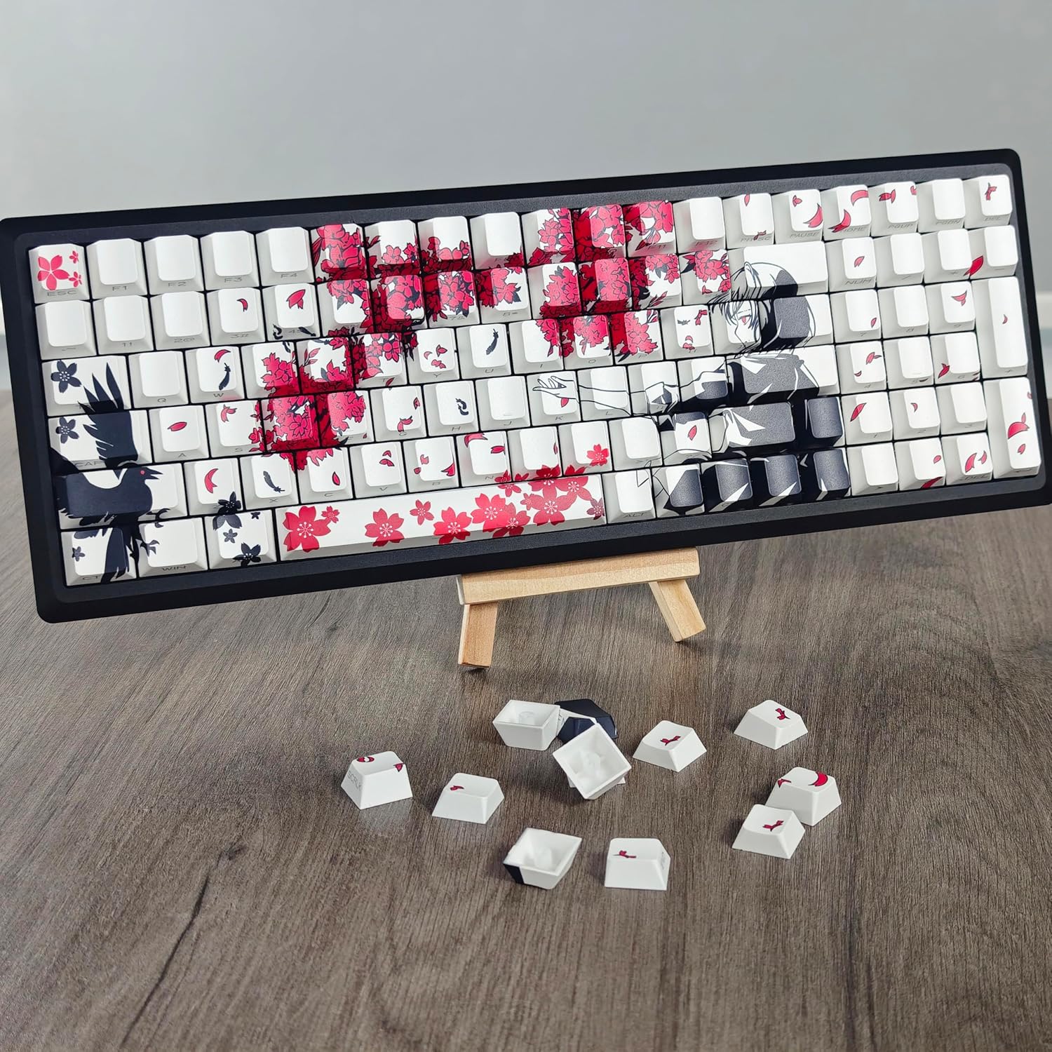 131 Raven Sakura Keycap Cherry Profile Double Shot Sidelit Shine Through PBT Keycaps for MX Mechanical Keyboard(White)