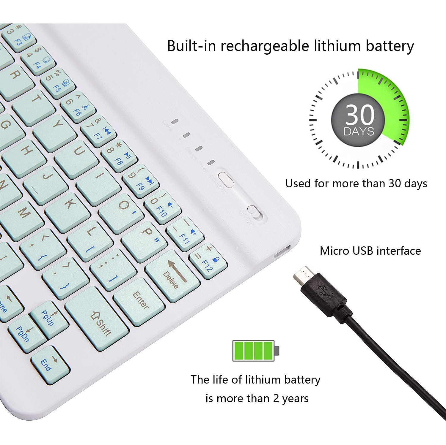 Ultra-Slim Bluetooth Keyboard Portable Mini Wireless Keyboard Rechargeable(10 inch Green)