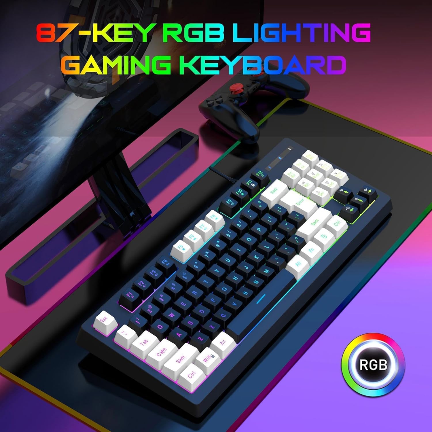 Wired Gaming Keyboard Grip Computer Office Home USB Keycaps/Anti-Gleming/Spill-Resistant Computer Keyboard(White and Black Color-blocking)(White and