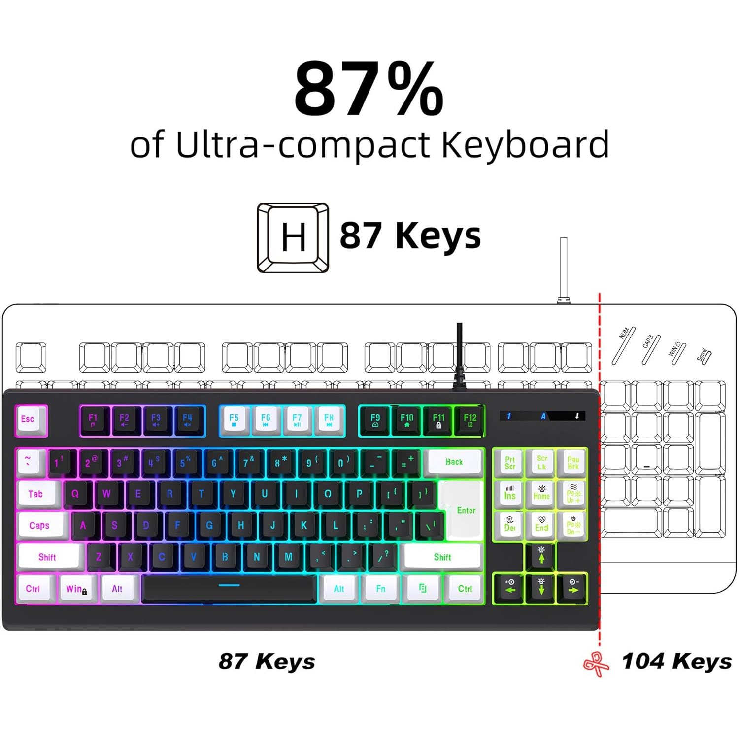 Wired Gaming Keyboard Grip Computer Office Home USB Keycaps/Anti-Gleming/Spill-Resistant Computer Keyboard(White and Black Color-blocking)(White and