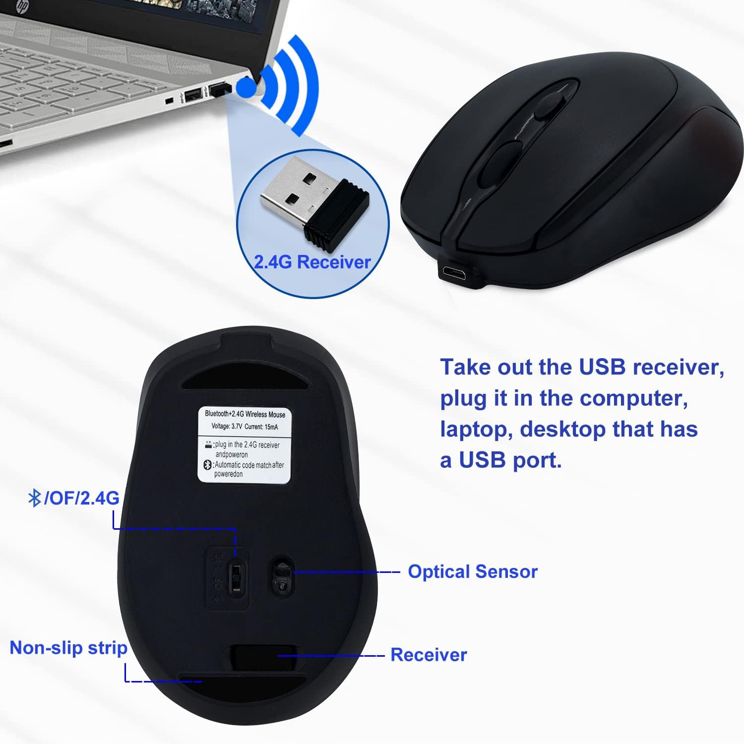 1PCS Bluetooth Mouse,Rechargeable Wireless Mouse for Laptop/iPad/MacBook Pro/Air, Silent Mouse Portable Slim(Black)