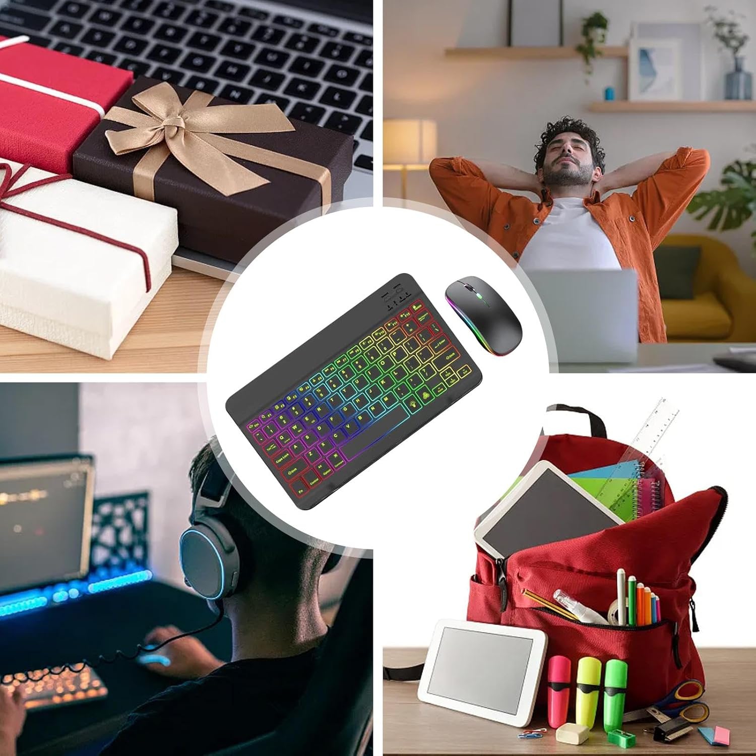 Lighted Keyboard and Mouses Wireless - 7 Colors Backlit Key Board with Mouses, Light Up Keyboard and Mouses Wireless, Slim Portable Computer Keyboards