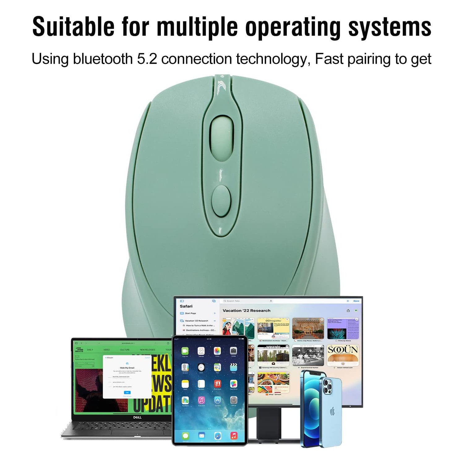 1PCS Bluetooth Mouse,Rechargeable Wireless Mouse for Laptop/iPad/MacBook Pro/Air, Silent Mouse Portable Slim(Light Green)