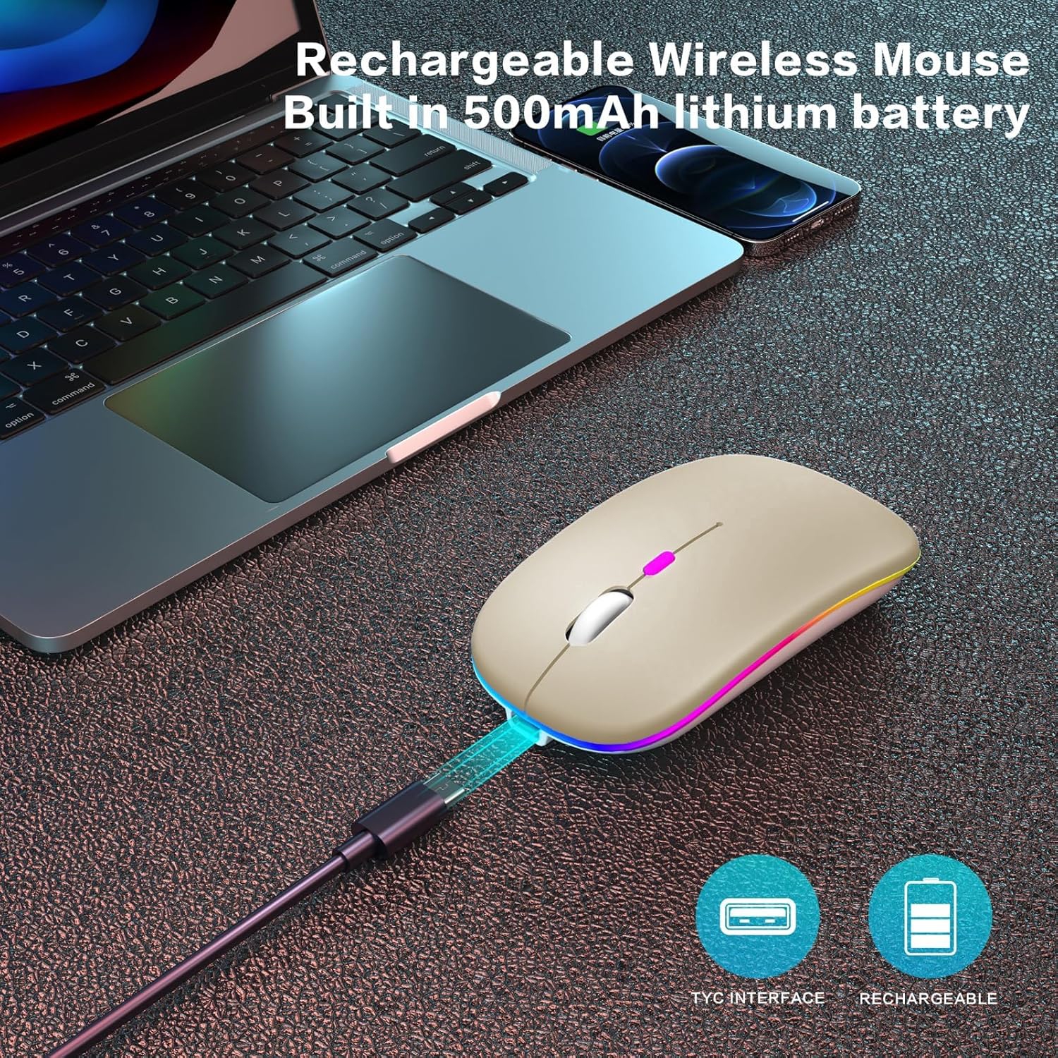 Wireless Bluetooth Mouse Rechargeable Laptop Mouse Portable LED Computer Mice Use(BT5 or USB 2.4G) Dual Mode Connection Silent Slim Mouse