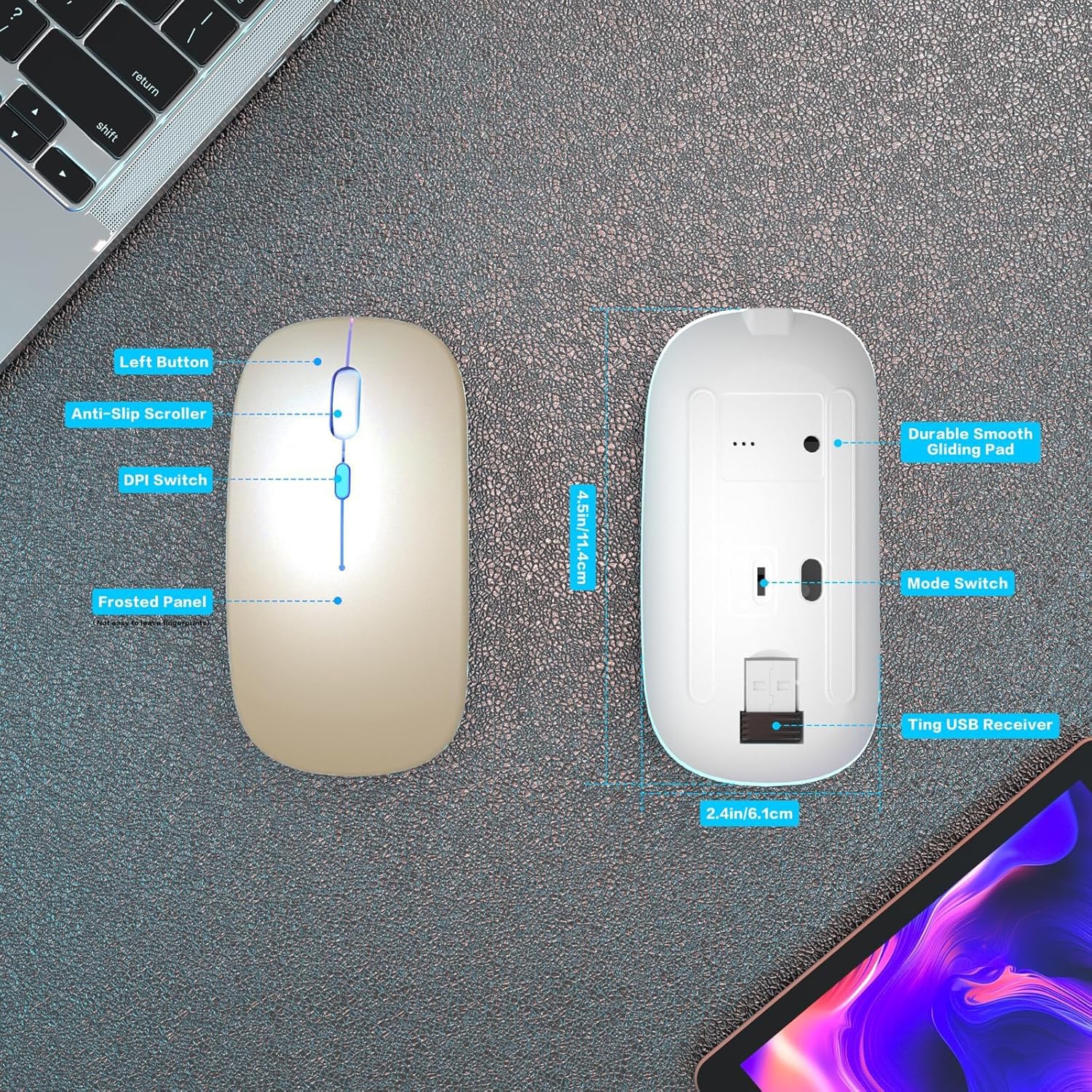 Wireless Bluetooth Mouse Rechargeable Laptop Mouse Portable LED Computer Mice Use(BT5 or USB 2.4G) Dual Mode Connection Silent Slim Mouse