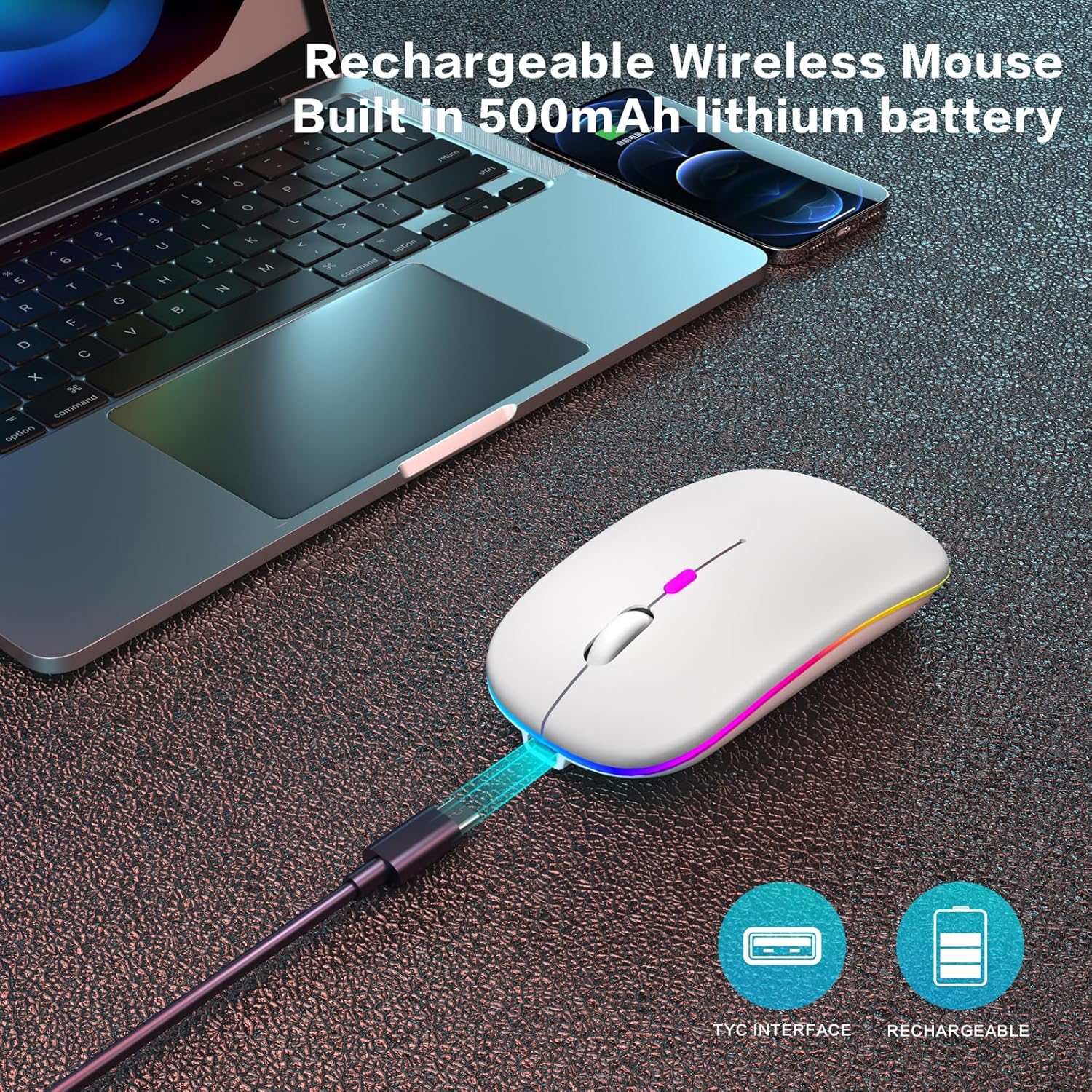 Wireless Bluetooth Mouse Rechargeable Laptop Mouse Portable LED Computer Mice Use(BT5 or USB 2.4G) Dual Mode Connection Silent Slim Mouse