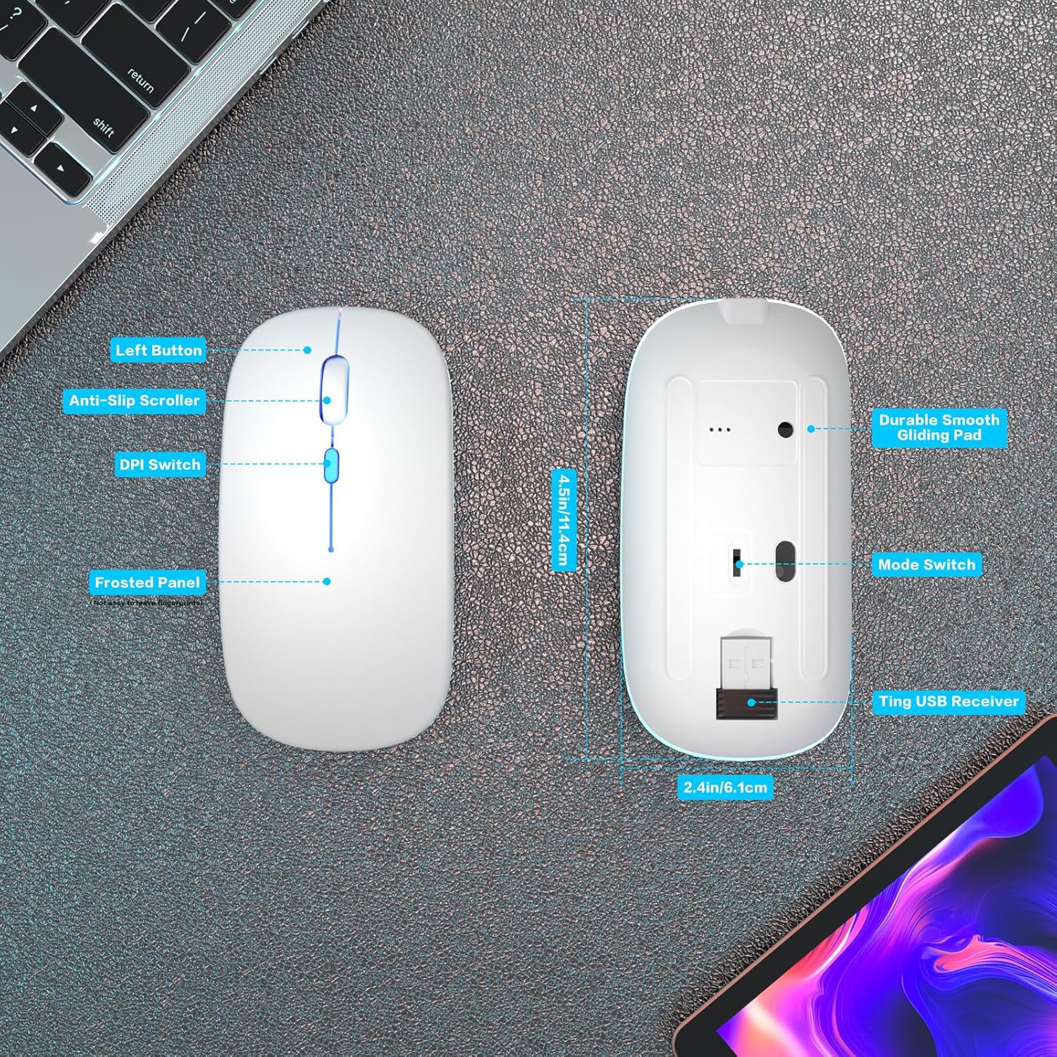 Wireless Bluetooth Mouse Rechargeable Laptop Mouse Portable LED Computer Mice Use(BT5 or USB 2.4G) Dual Mode Connection Silent Slim Mouse