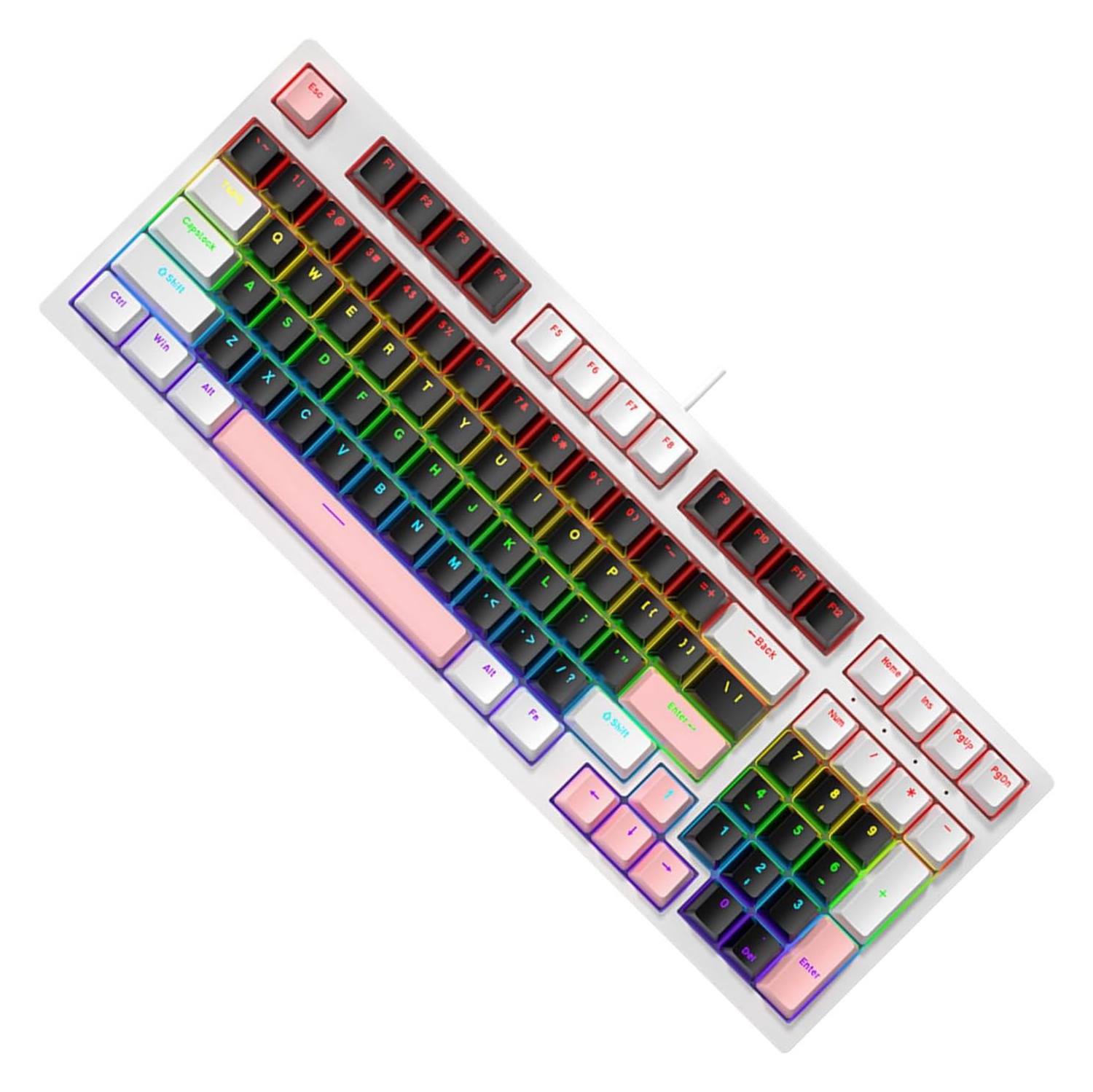 Portable 98Keys Gaming Keyboard with LED Backlights Shaft Components Ergonomic Keyboard for Intensely PC Gameplays(White)