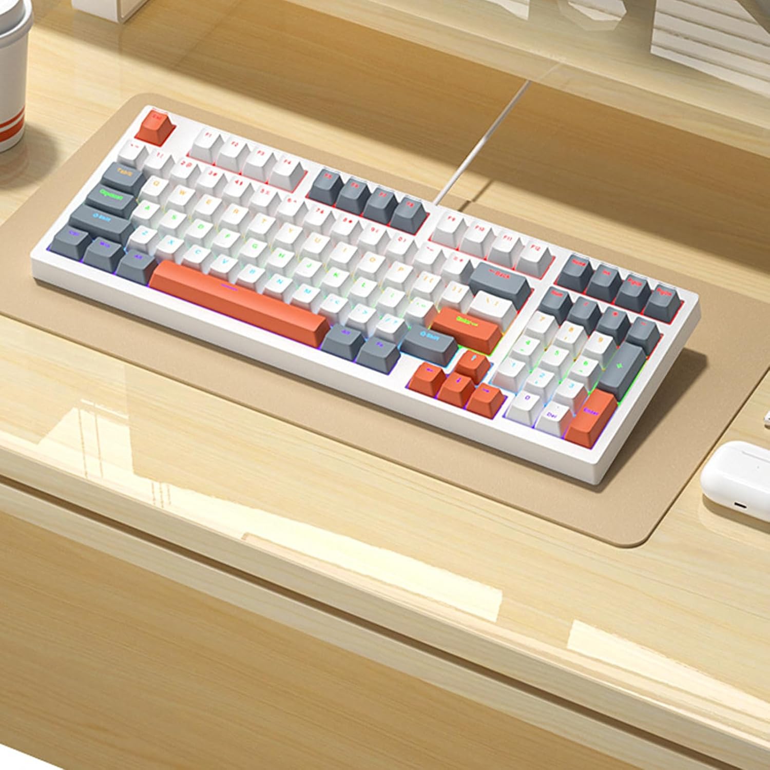 Portable 98Keys Gaming Keyboard with LED Backlights Shaft Components Ergonomic Keyboard for Intensely PC Gameplays(White)