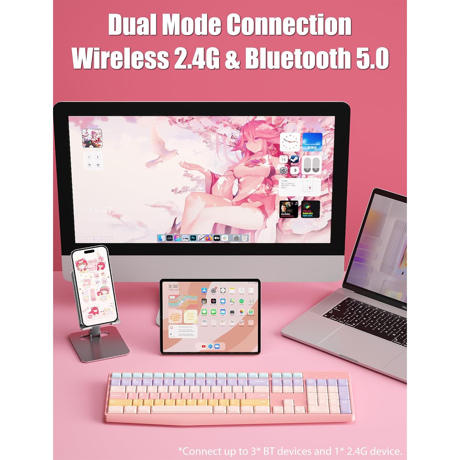 Aesthetic Colorful Keyboard Wireless 2.4GHz/Bluetooth 106-Key with Numpad Low Profile Keycaps Silent Linear Mechanical-Feel for Mac/Win