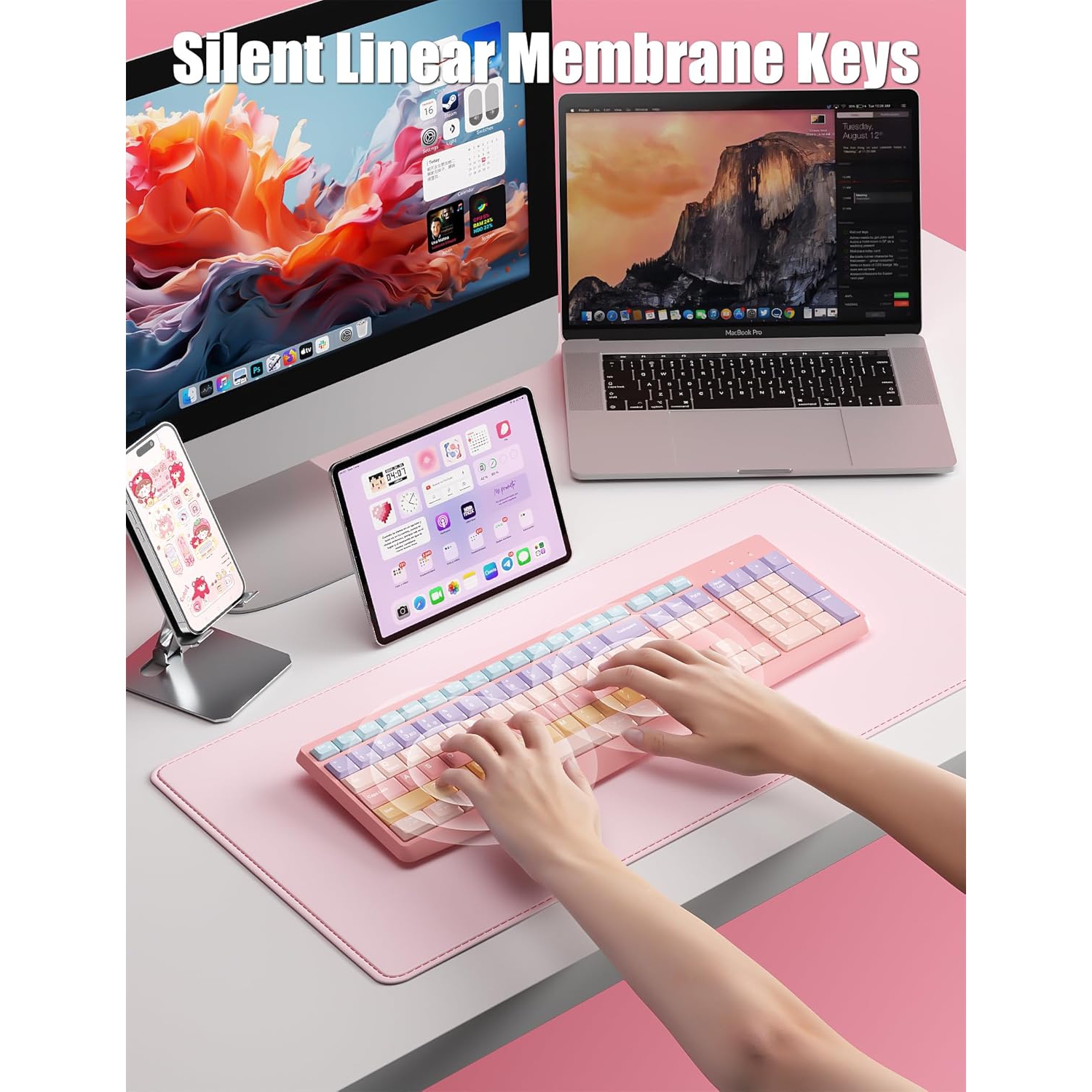 Aesthetic Colorful Keyboard Wireless 2.4GHz/Bluetooth 106-Key with Numpad Low Profile Keycaps Silent Linear Mechanical-Feel for Mac/Win