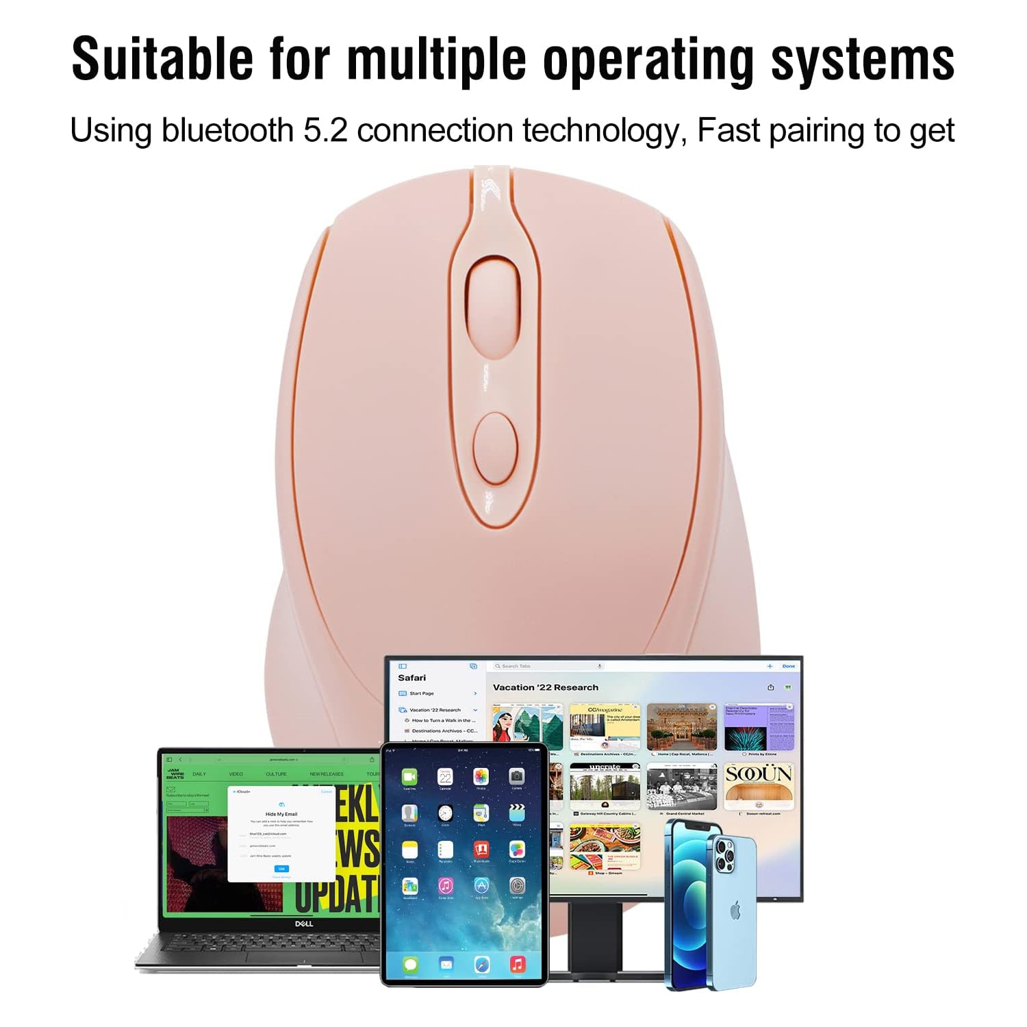 1PCS Bluetooth Mouse,Rechargeable Wireless Mouse for Laptop/iPad/MacBook Pro/Air, Silent Mouse Portable Slim(Pink)