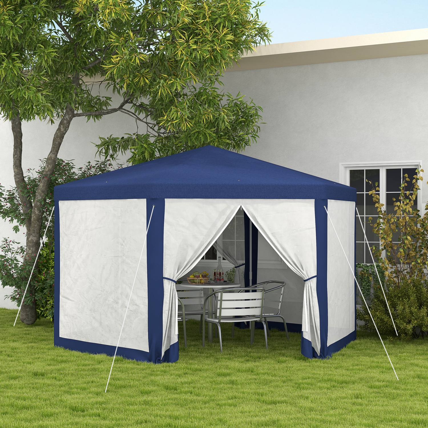 Tente de fête hexagonale Outsunny Φ13&nbsp;po Pavillon d'activités extérieures Abri de jardin Abri de jardin avec flanc en filet bleu