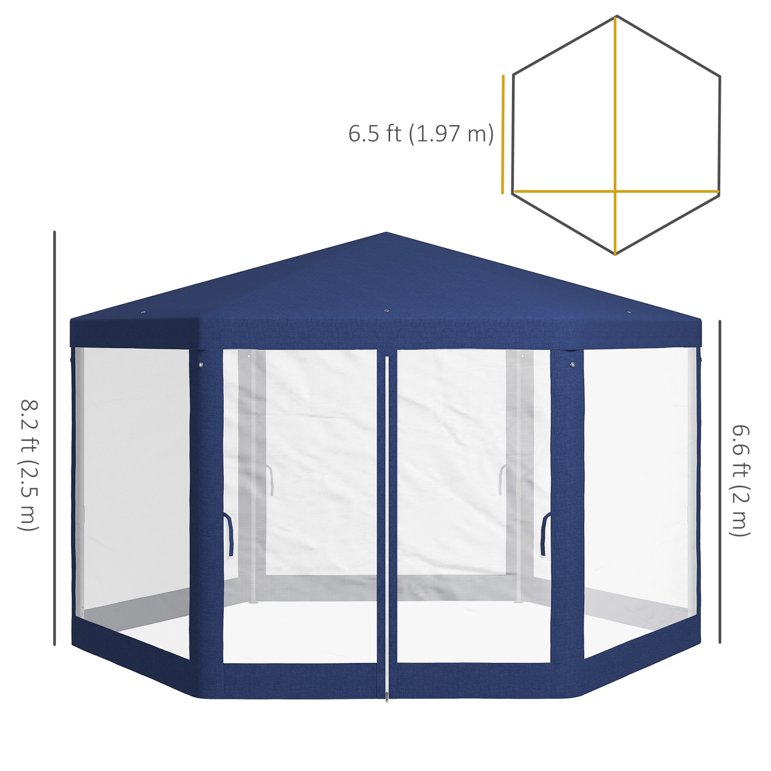 Tente de fête hexagonale Outsunny Φ13&nbsp;po Pavillon d'activités extérieures Abri de jardin Abri de jardin avec flanc en filet bleu