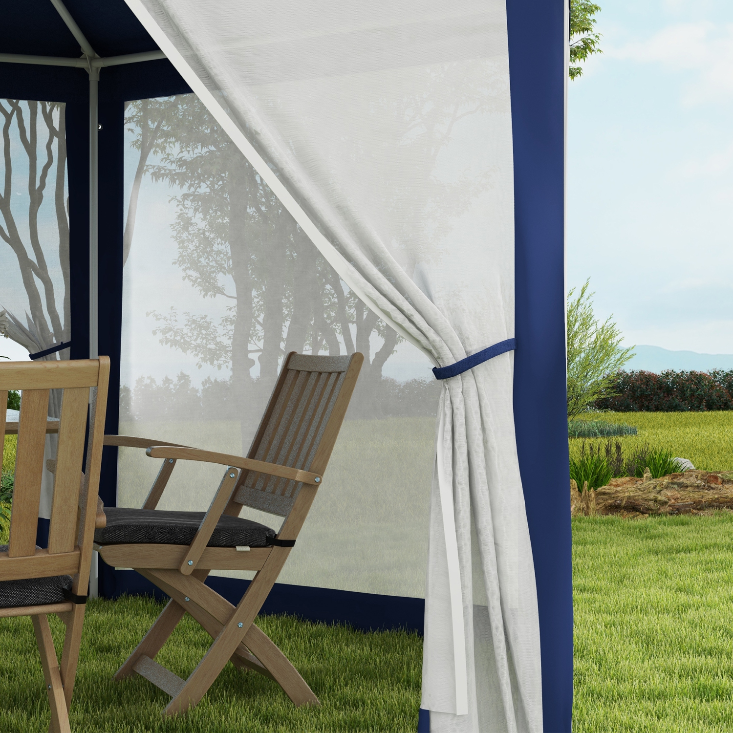 Tente de fête hexagonale Outsunny Φ13&nbsp;po Pavillon d'activités extérieures Abri de jardin Abri de jardin avec flanc en filet bleu