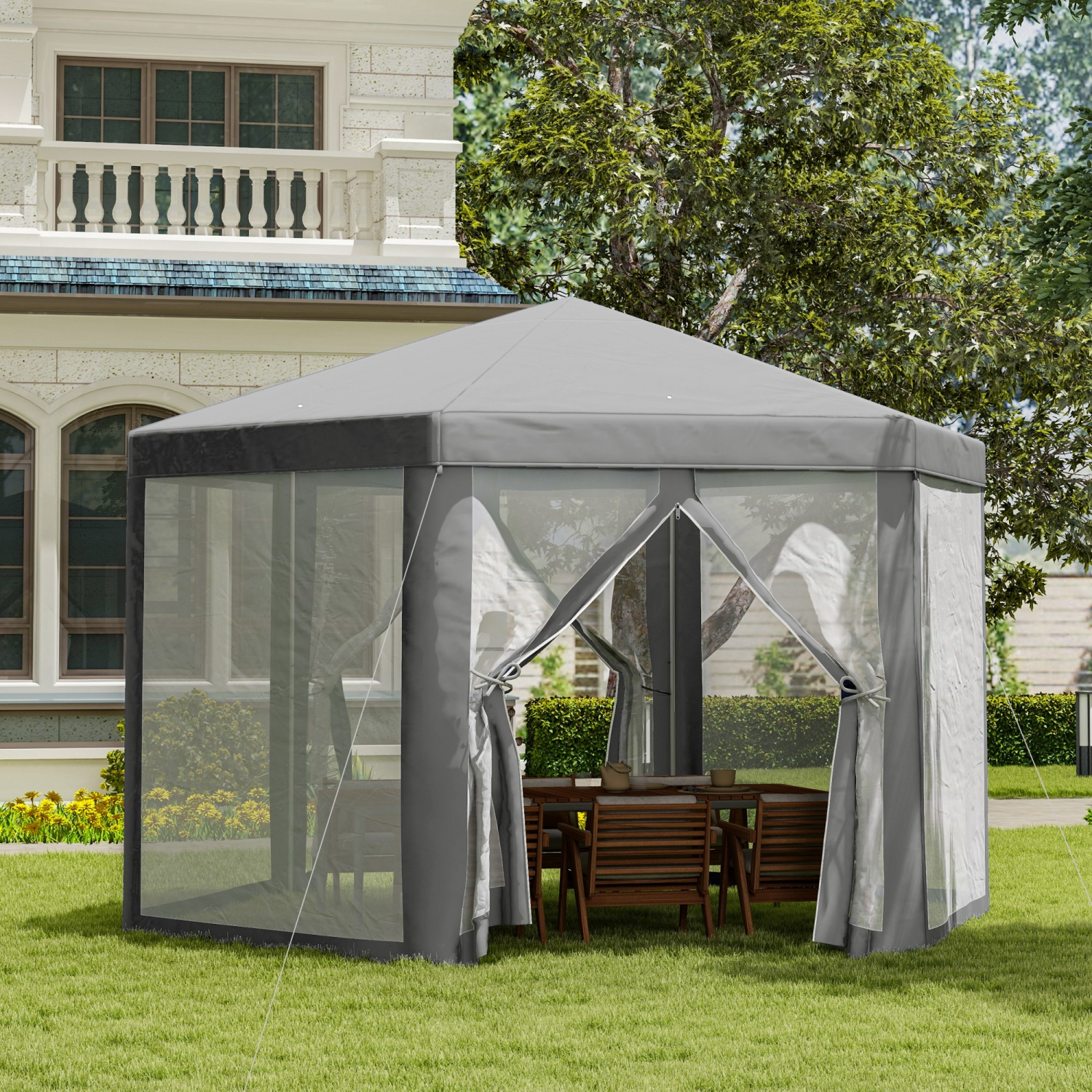 Tente de fête Outsunny Hexagon Pavillon d'activités extérieures Abri de jardin Abri de jardin Abri rapide avec flanc en filet gris foncé