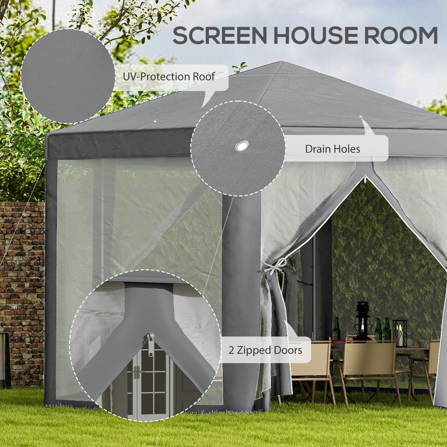 Tente de fête Outsunny Hexagon Pavillon d'activités extérieures Abri de jardin Abri de jardin Abri rapide avec flanc en filet gris foncé
