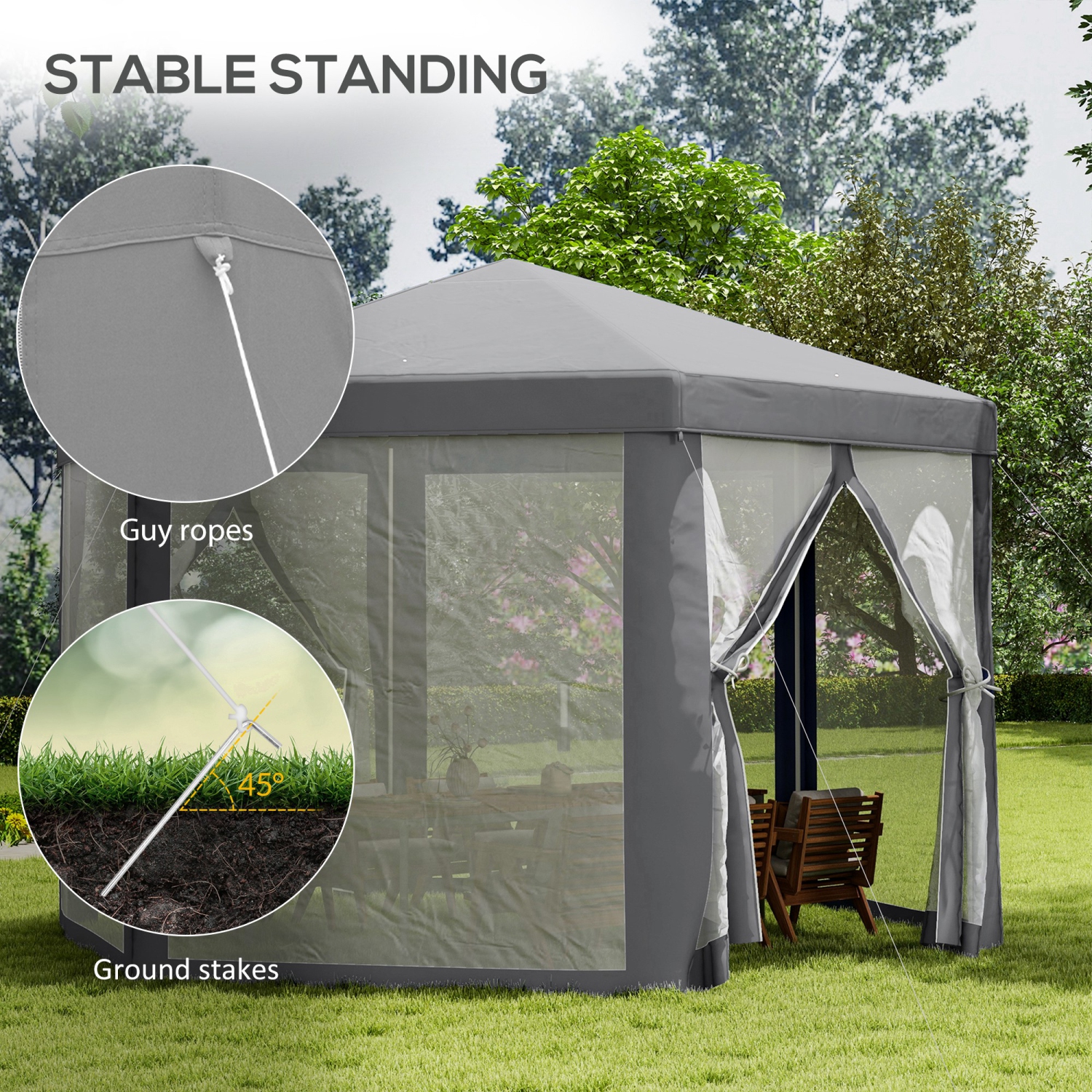 Tente de fête Outsunny Hexagon Pavillon d'activités extérieures Abri de jardin Abri de jardin Abri rapide avec flanc en filet gris foncé