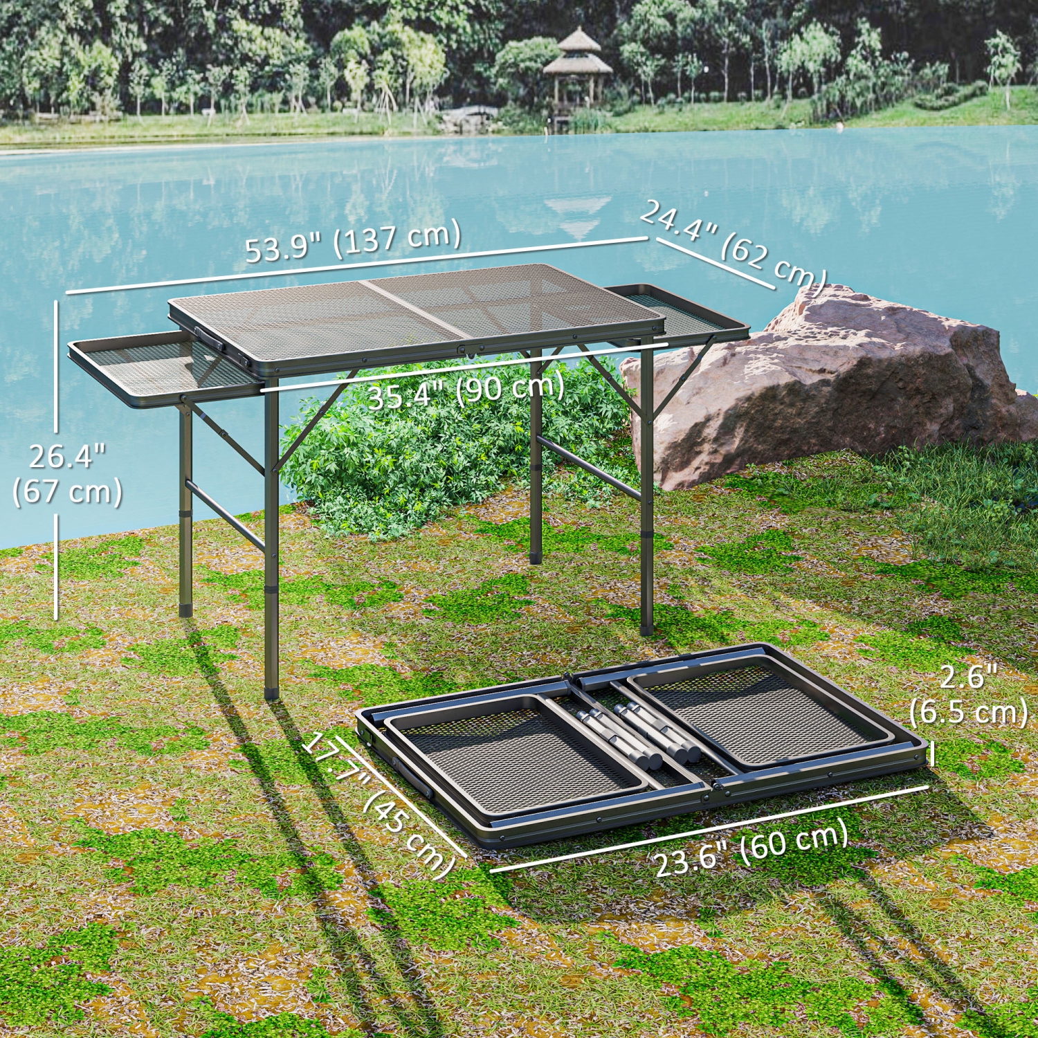 Table pliante Outsunny 4.5 pi, table de camping à hauteur réglable avec 2 panneaux latéraux, table de pique-nique portative en métal avec bureau
