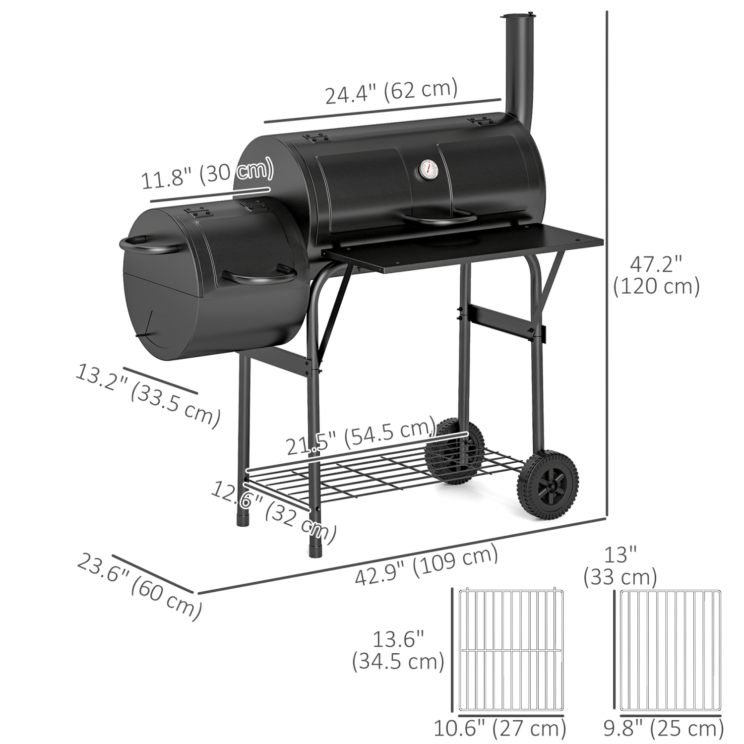 Outsunny Portable Outdoor Charcoal BBQ Grill with Offset Smoker, Barbecue Grill with Spacious Cooking Area, 2 Shelves, Thermometer, Wheels for Patio