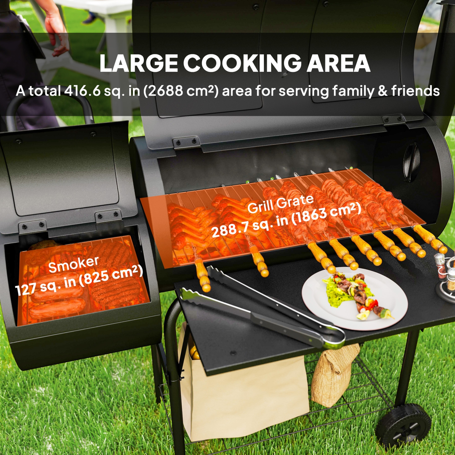 Outsunny Portable Outdoor Charcoal BBQ Grill with Offset Smoker, Barbecue Grill with Spacious Cooking Area, 2 Shelves, Thermometer, Wheels for Patio