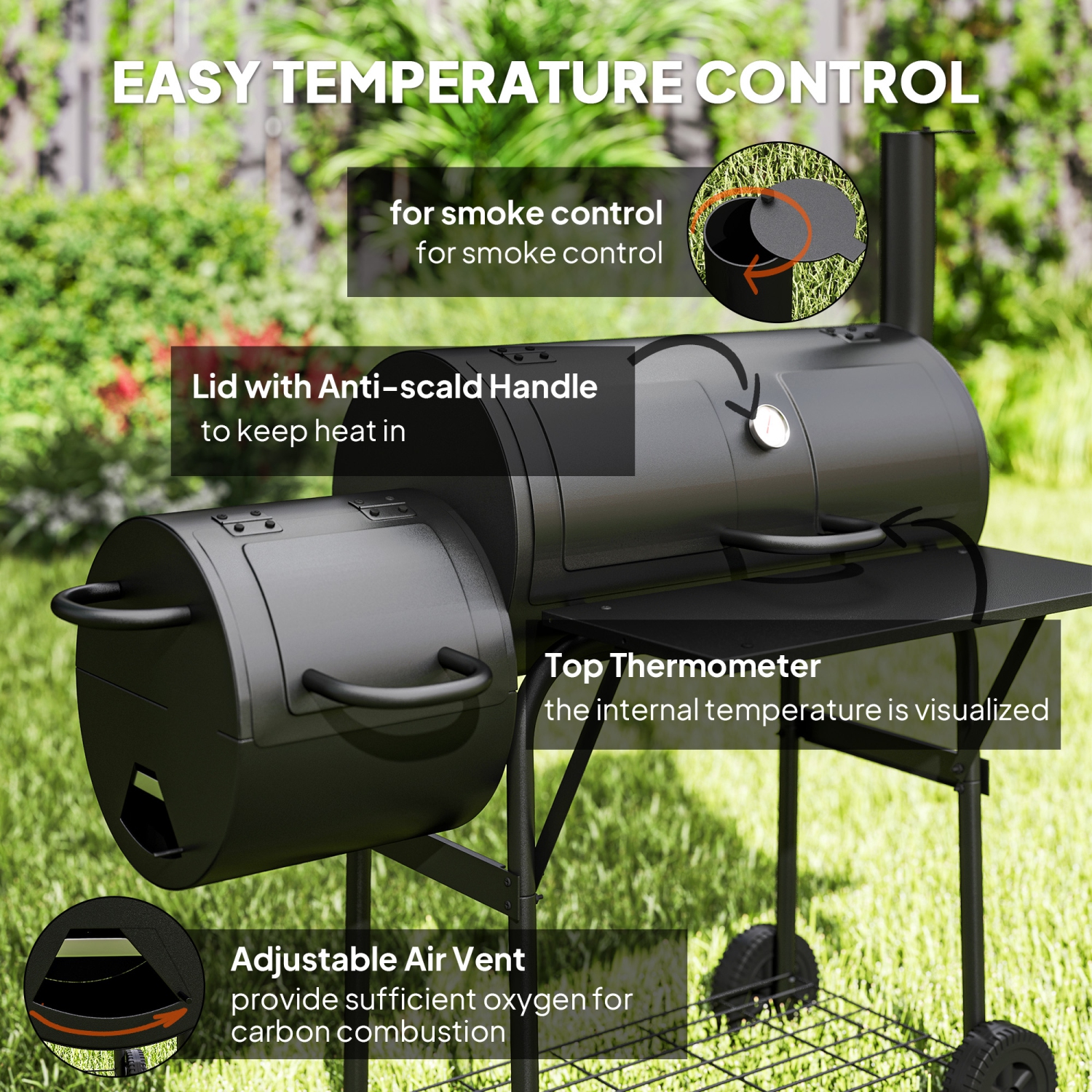 Outsunny Portable Outdoor Charcoal BBQ Grill with Offset Smoker, Barbecue Grill with Spacious Cooking Area, 2 Shelves, Thermometer, Wheels for Patio