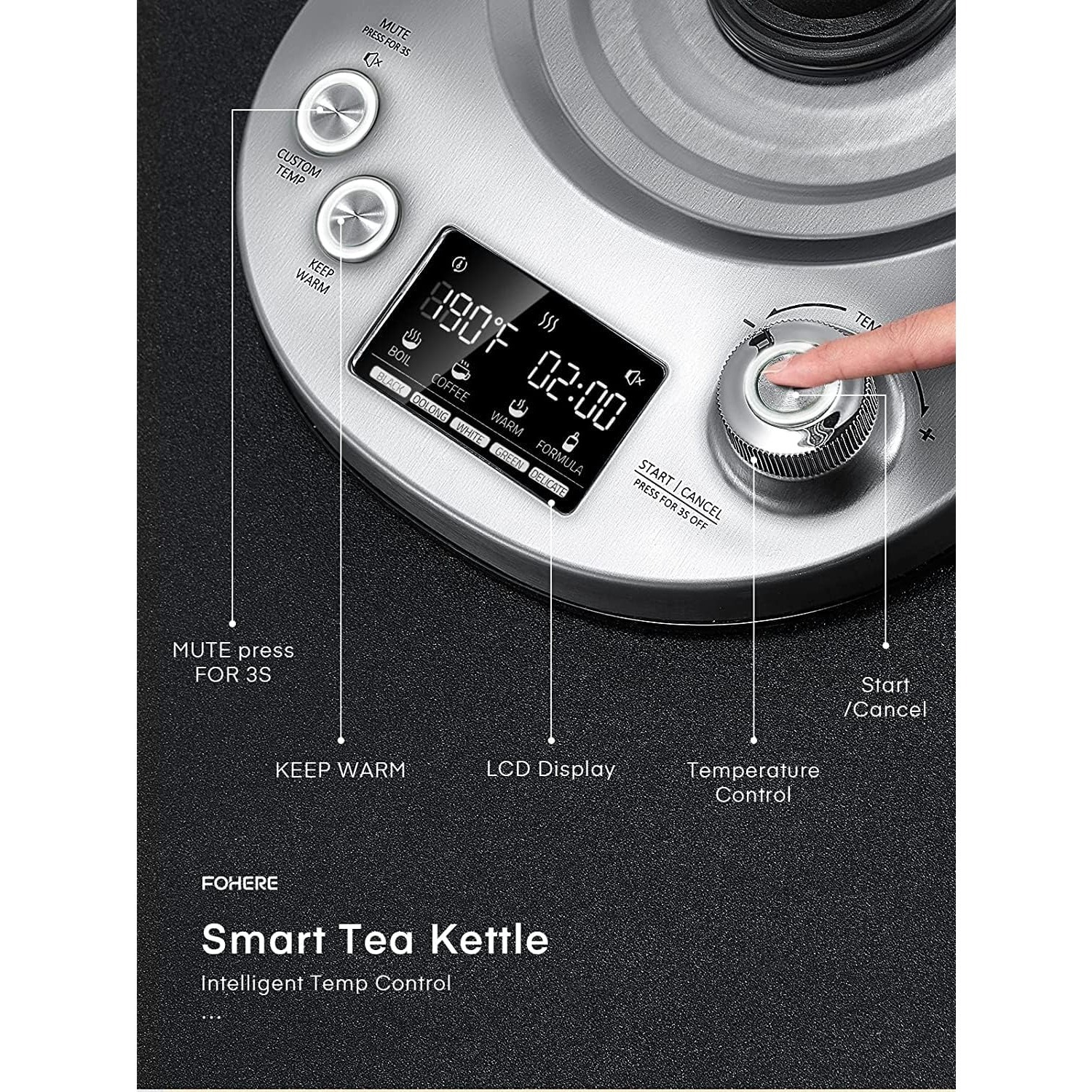 FOHERE 1.7L Glass Electric Kettle – Removable Infuser, 9 Presets, Precise Temp Control