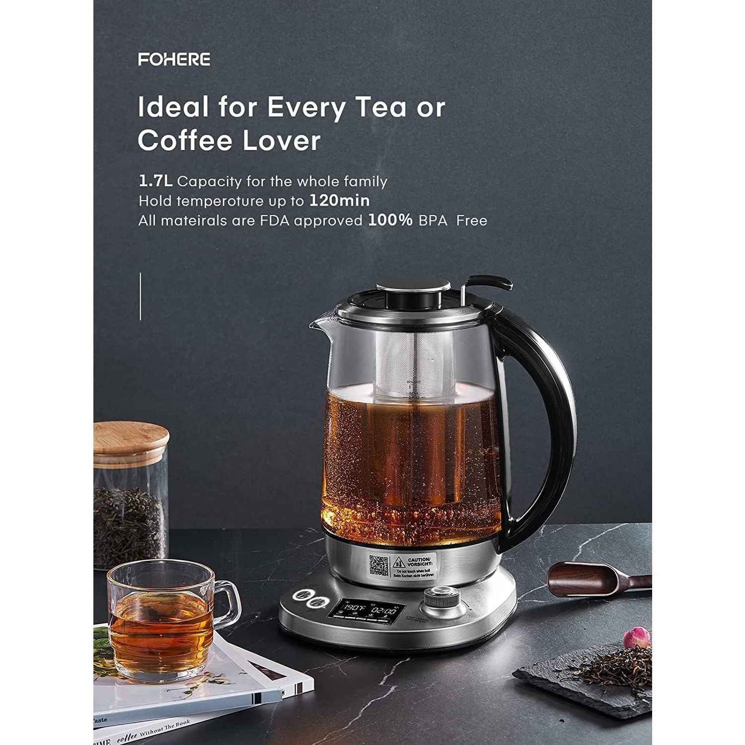 FOHERE 1.7L Glass Electric Kettle – Removable Infuser, 9 Presets, Precise Temp Control