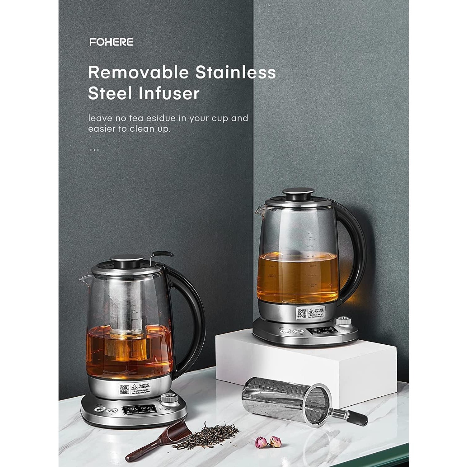 FOHERE 1.7L Glass Electric Kettle – Removable Infuser, 9 Presets, Precise Temp Control