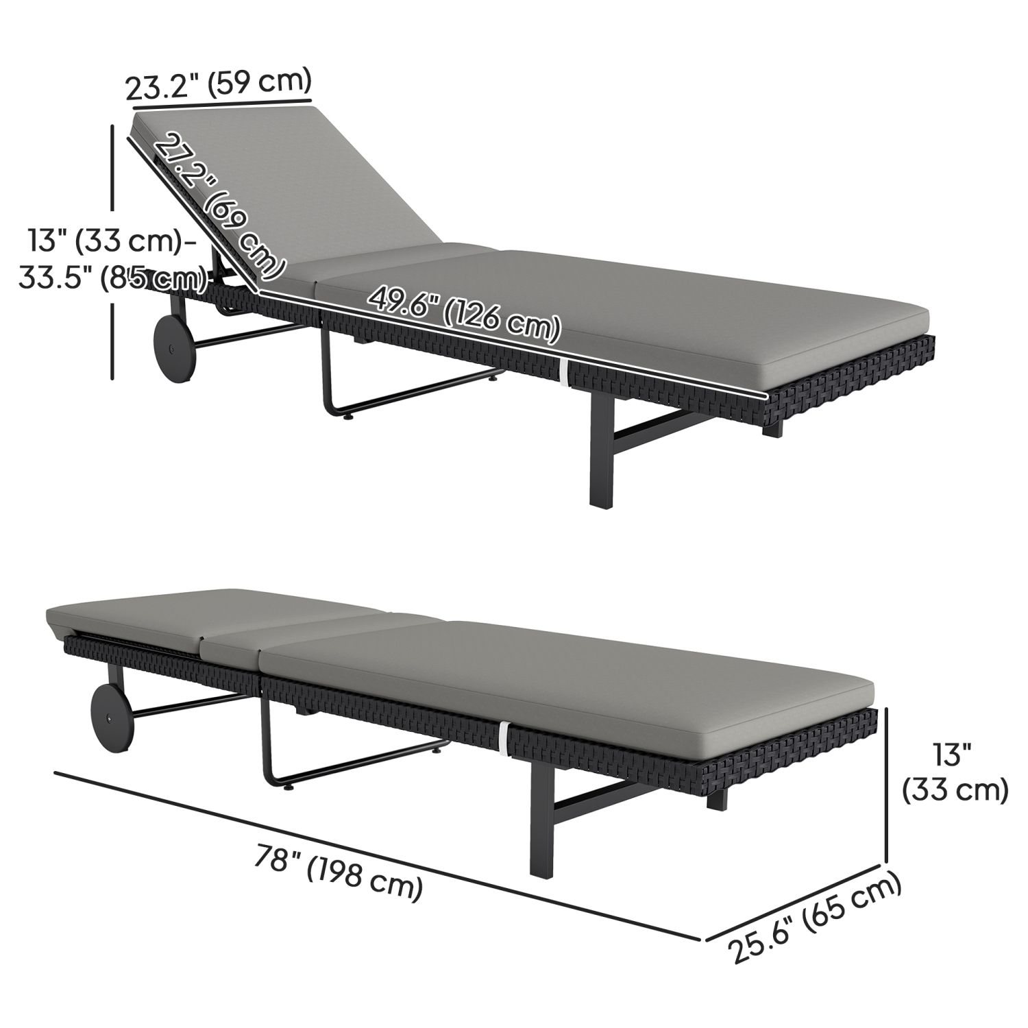 Outsunny PE Rattan Tanning Chair with 5-Level Adjustable Backrest and Wheels, Outdoor Lounge Chair with Cushion, UV-Resistant Patio Sun Lounger for