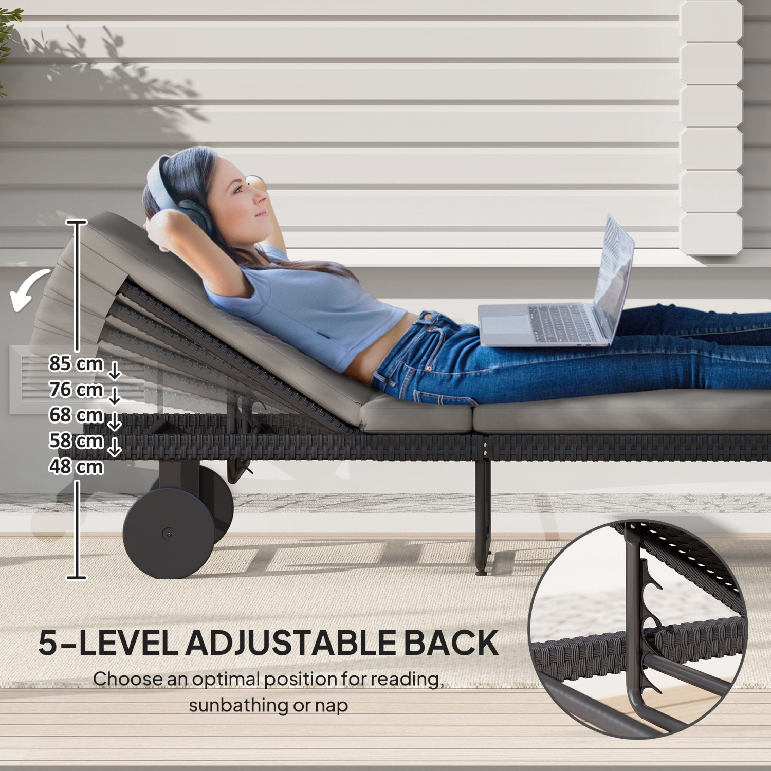 Outsunny PE Rattan Tanning Chair with 5-Level Adjustable Backrest and Wheels, Outdoor Lounge Chair with Cushion, UV-Resistant Patio Sun Lounger for