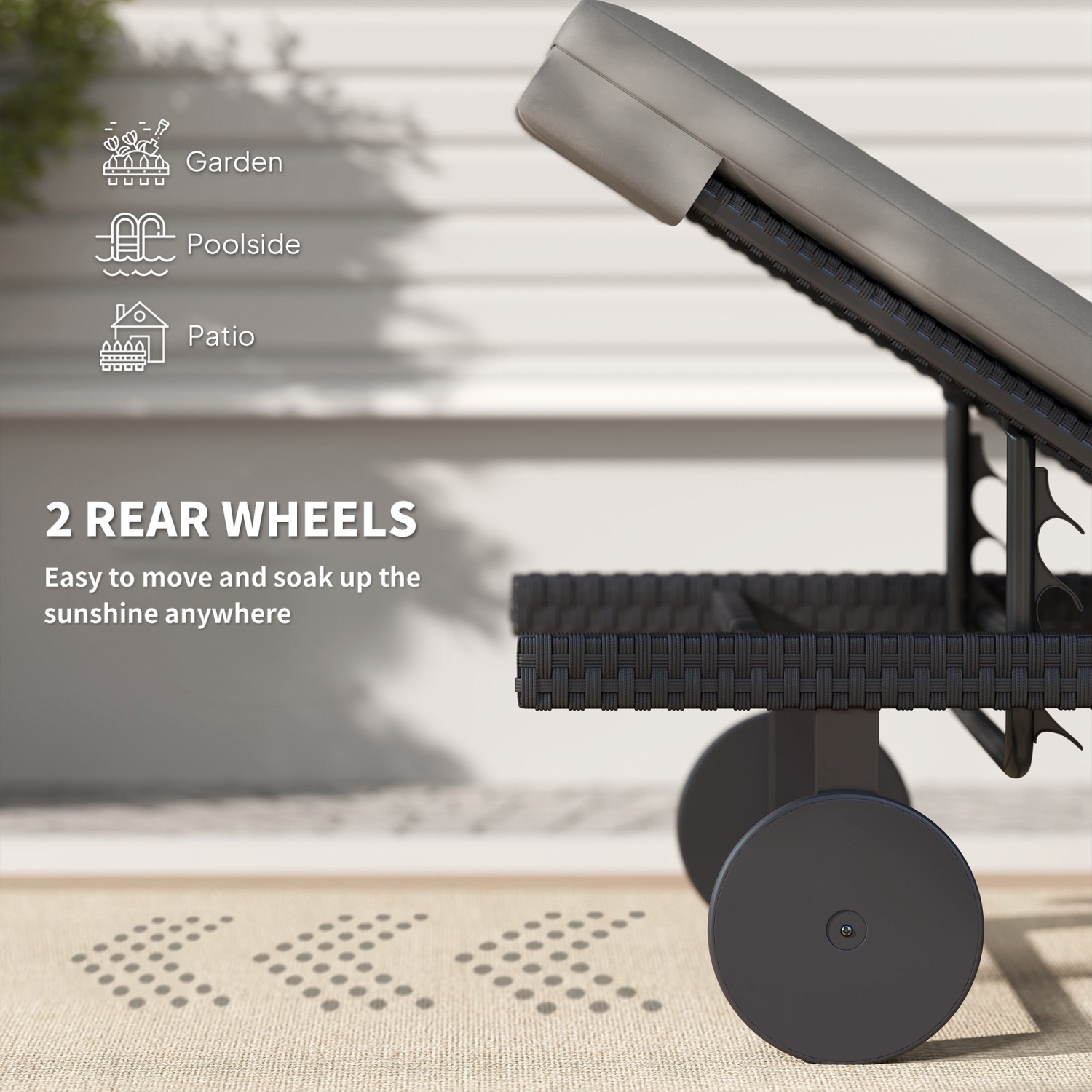 Outsunny PE Rattan Tanning Chair with 5-Level Adjustable Backrest and Wheels, Outdoor Lounge Chair with Cushion, UV-Resistant Patio Sun Lounger for