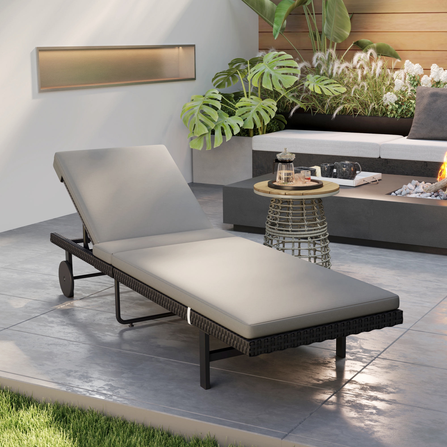 Outsunny PE Rattan Tanning Chair with 5-Level Adjustable Backrest and Wheels, Outdoor Lounge Chair with Cushion, UV-Resistant Patio Sun Lounger for