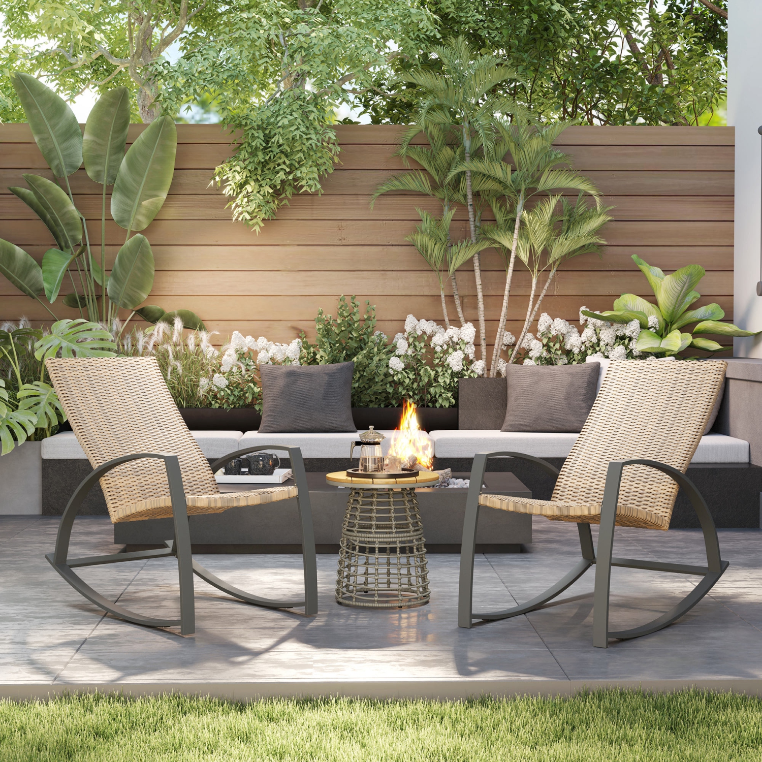 Outsunny 2 Pieces Wicker Outdoor Rocking Chair Set, PE Rattan Patio Rocking Chair Set with High Backrest, Armrests and Adjustable Foot Pads for