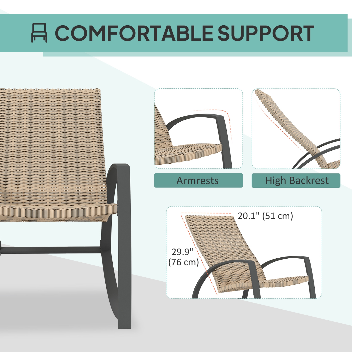 Outsunny 2 Pieces Wicker Outdoor Rocking Chair Set, PE Rattan Patio Rocking Chair Set with High Backrest, Armrests and Adjustable Foot Pads for