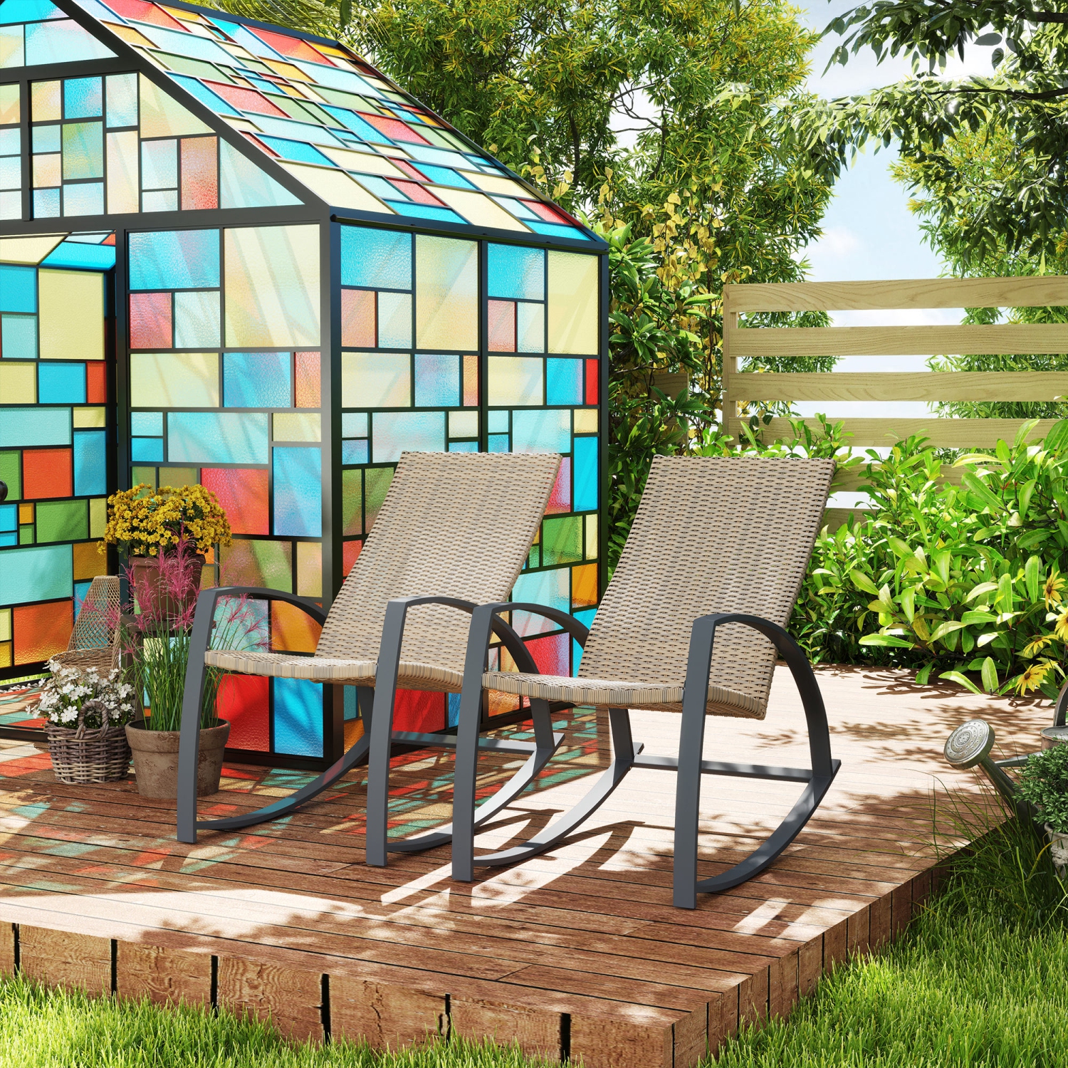 Outsunny 2 Pieces Wicker Outdoor Rocking Chair Set, PE Rattan Patio Rocking Chair Set with High Backrest, Armrests and Adjustable Foot Pads for