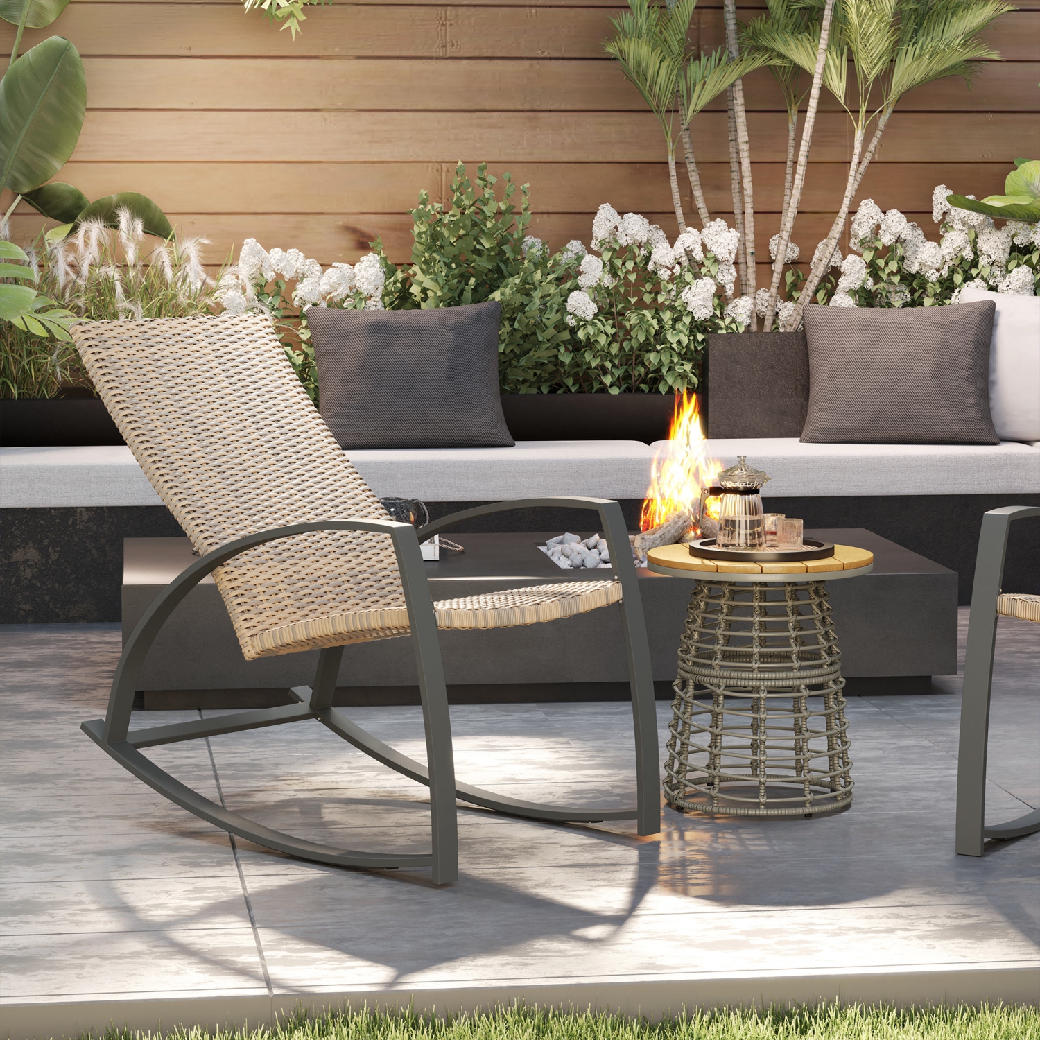 Outsunny 2 Pieces Wicker Outdoor Rocking Chair Set, PE Rattan Patio Rocking Chair Set with High Backrest, Armrests and Adjustable Foot Pads for