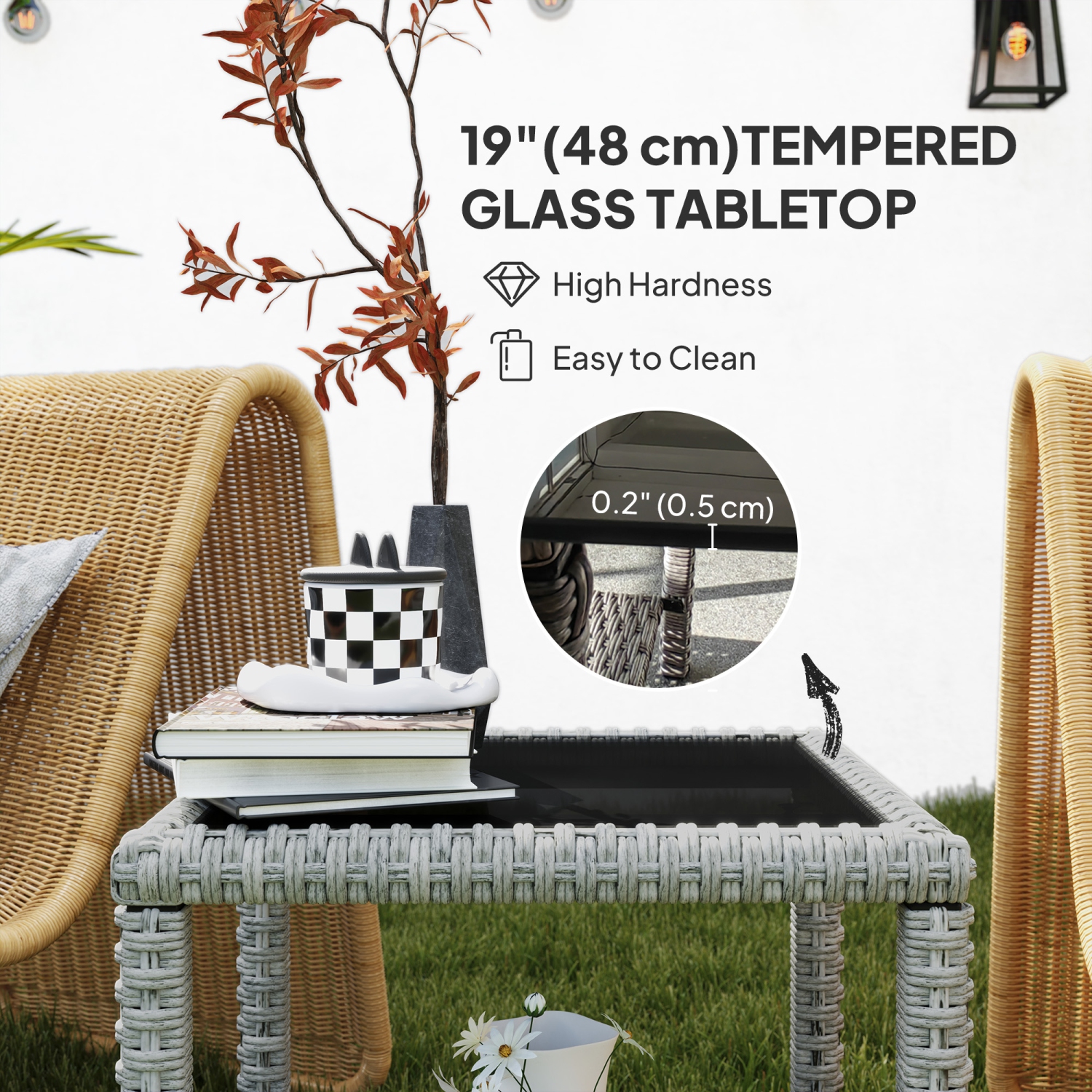 Outsunny 19" Outdoor Wicker Coffee Table with Glass Top, Storage Shelf, Patio PE Rattan Side End Table for Garden Porch Balcony Deck, Dark Grey