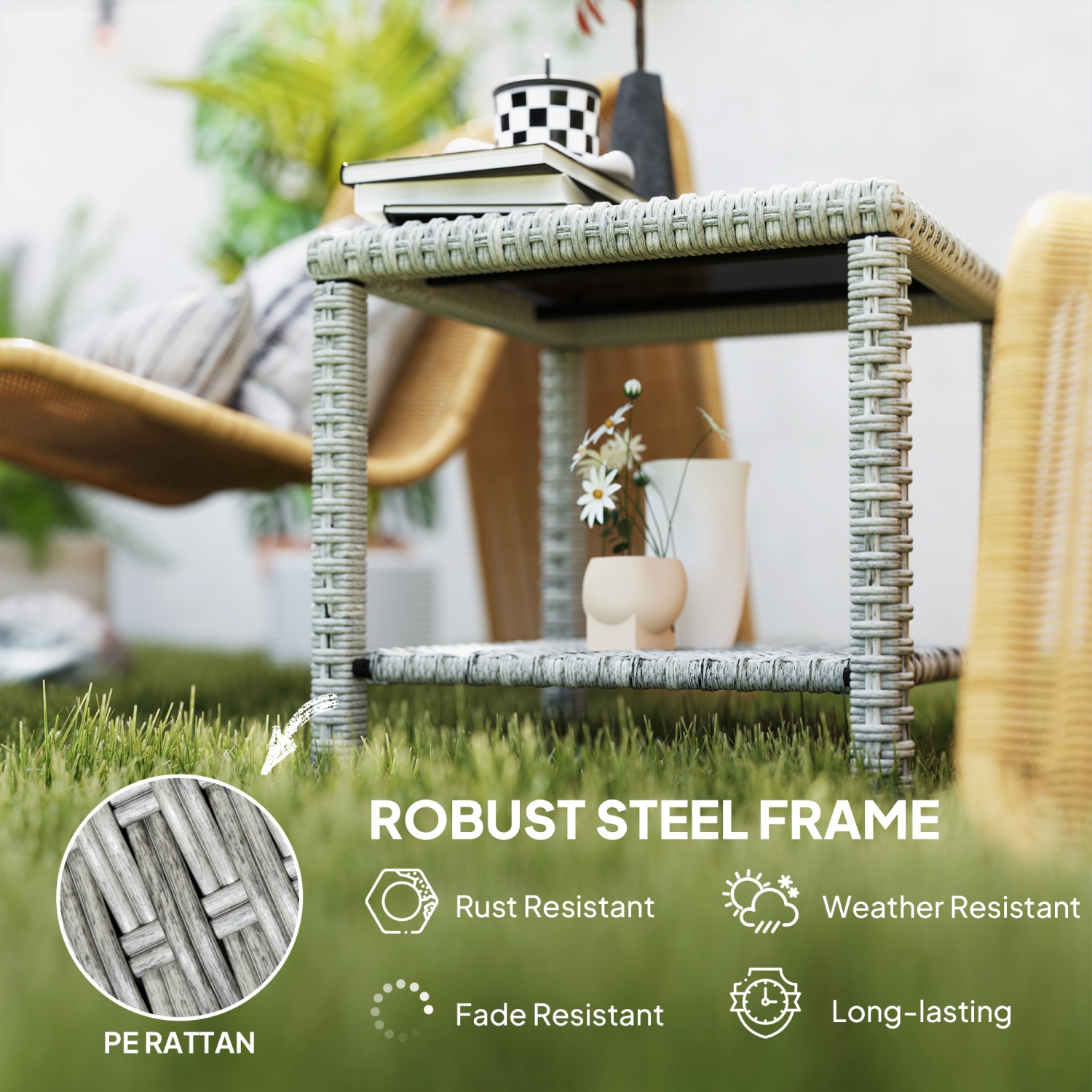 Outsunny 19" Outdoor Wicker Coffee Table with Glass Top, Storage Shelf, Patio PE Rattan Side End Table for Garden Porch Balcony Deck, Dark Grey