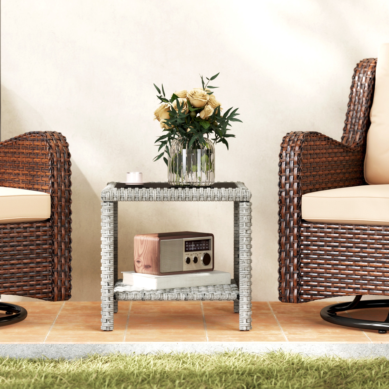 Outsunny 19" Outdoor Wicker Coffee Table with Glass Top, Storage Shelf, Patio PE Rattan Side End Table for Garden Porch Balcony Deck, Dark Grey