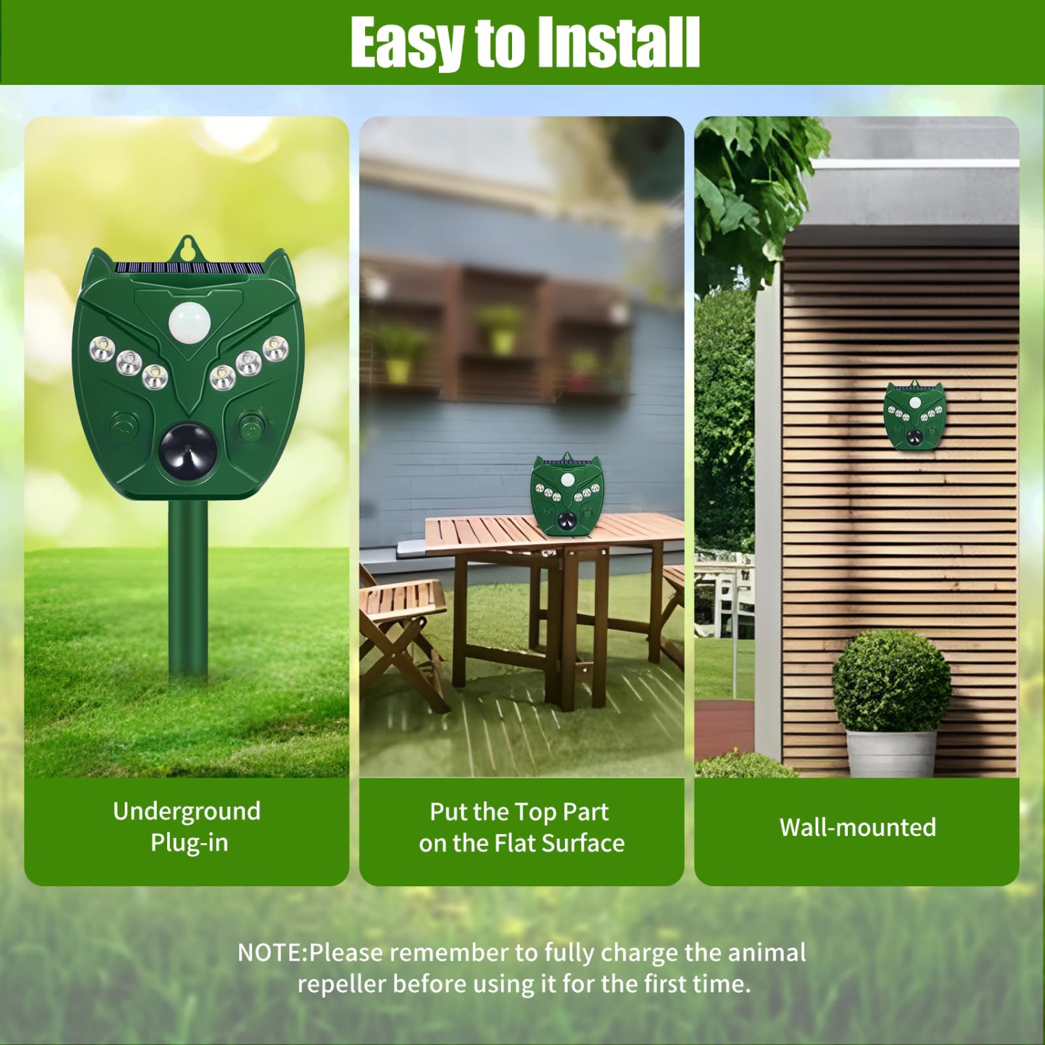 Répulsif solaire ultrasonique pour oiseaux, chasse-vermine pour chats et chiens d'extérieur avec détection de mouvement et 6 flashs LED