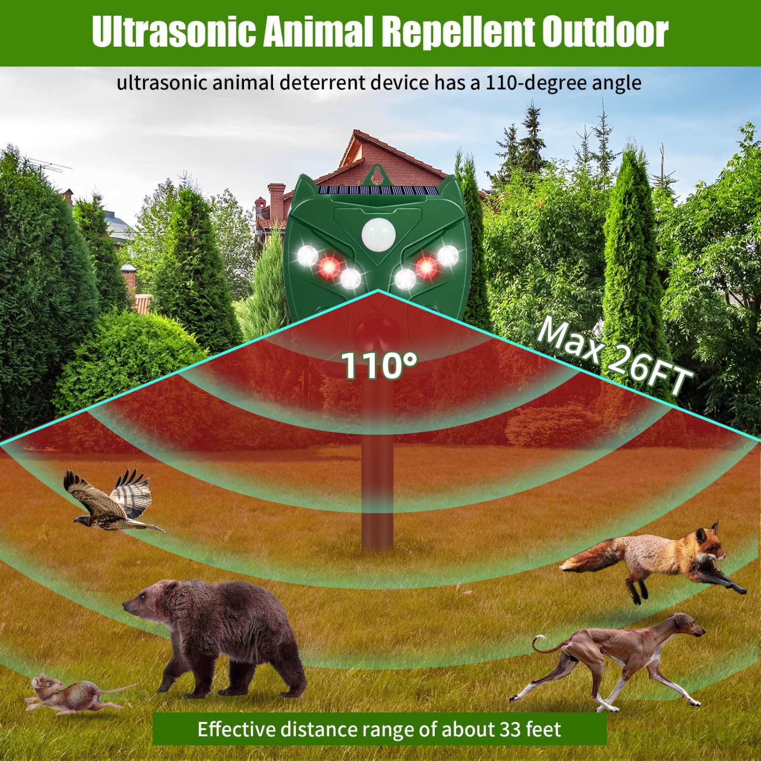 Répulsif solaire ultrasonique pour oiseaux, chasse-vermine pour chats et chiens d'extérieur avec détection de mouvement et 6 flashs LED