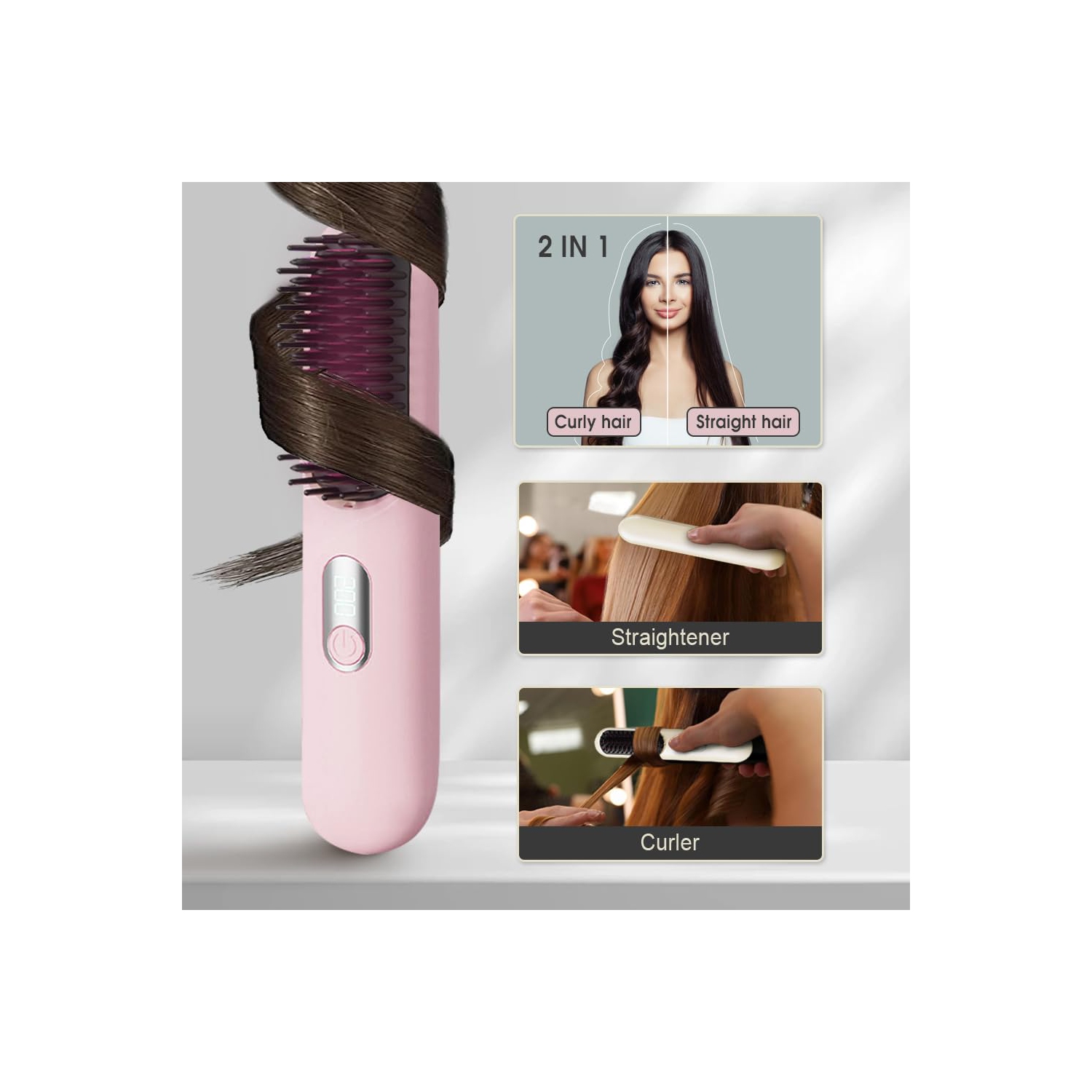 Fer plat portatif sans fil 2 en 1, fer à friser chauffant rechargeable avec écran LED, outils de voyage pour les cheveux