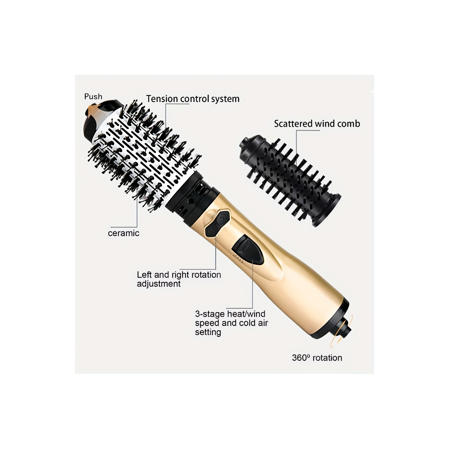 Outil de coiffure à air chaud 2-en-1, brosse rotative pour sèche-cheveux avec 1 grande et 1 petite tête de brosse, pour une utilisation en voyage ou