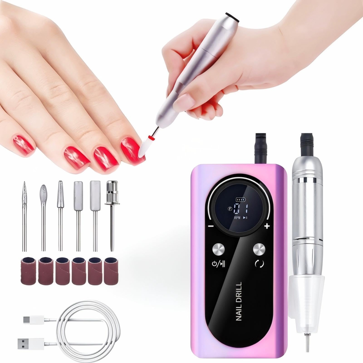 Perceuse à ongles électrique 45&nbsp;000&nbsp;tr/min, lime à ongles portative rechargeable, polisseur à ongles avec écran LCD pour manucure