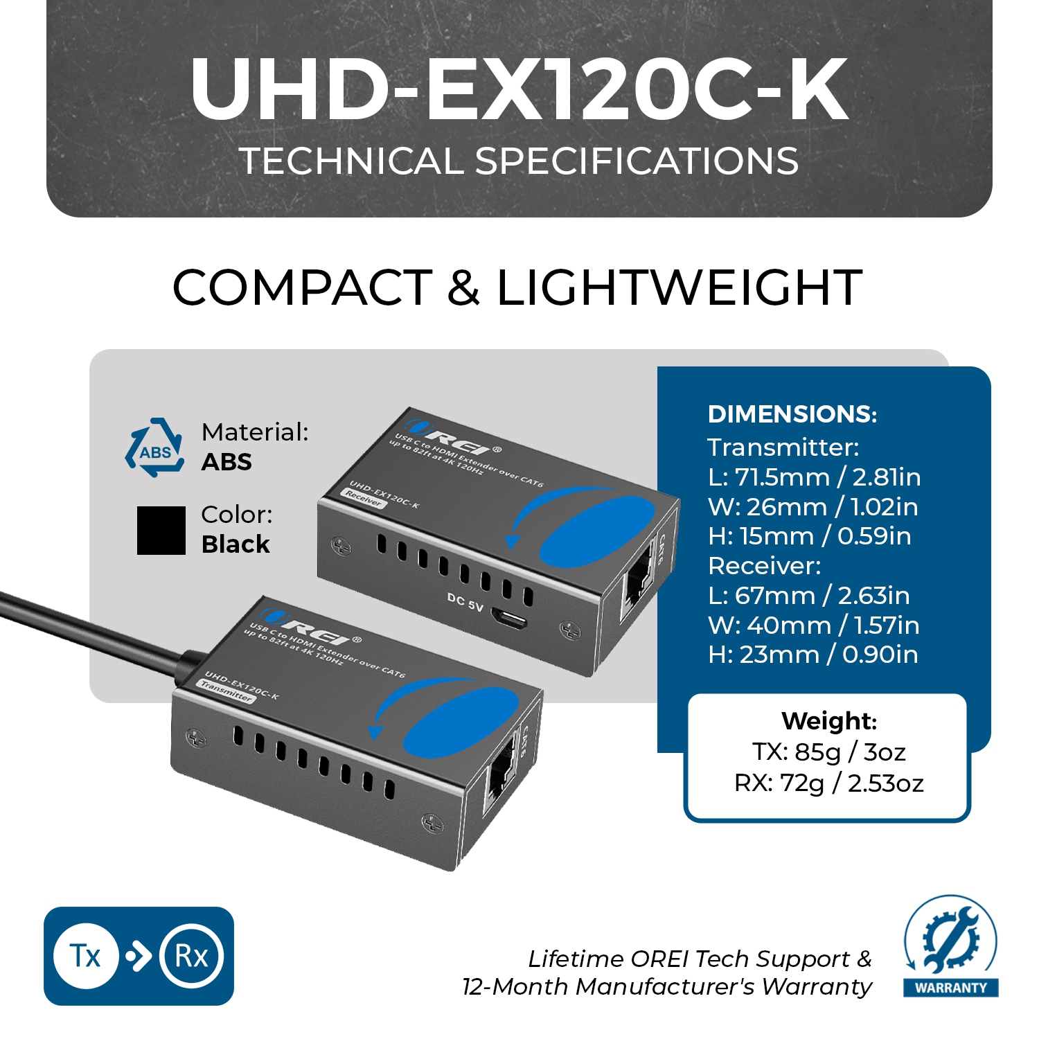 Prolongateur HDMI OREI 4K@120&nbsp;Hz sur Cat6 avec USB-C jusqu'à 82 pi