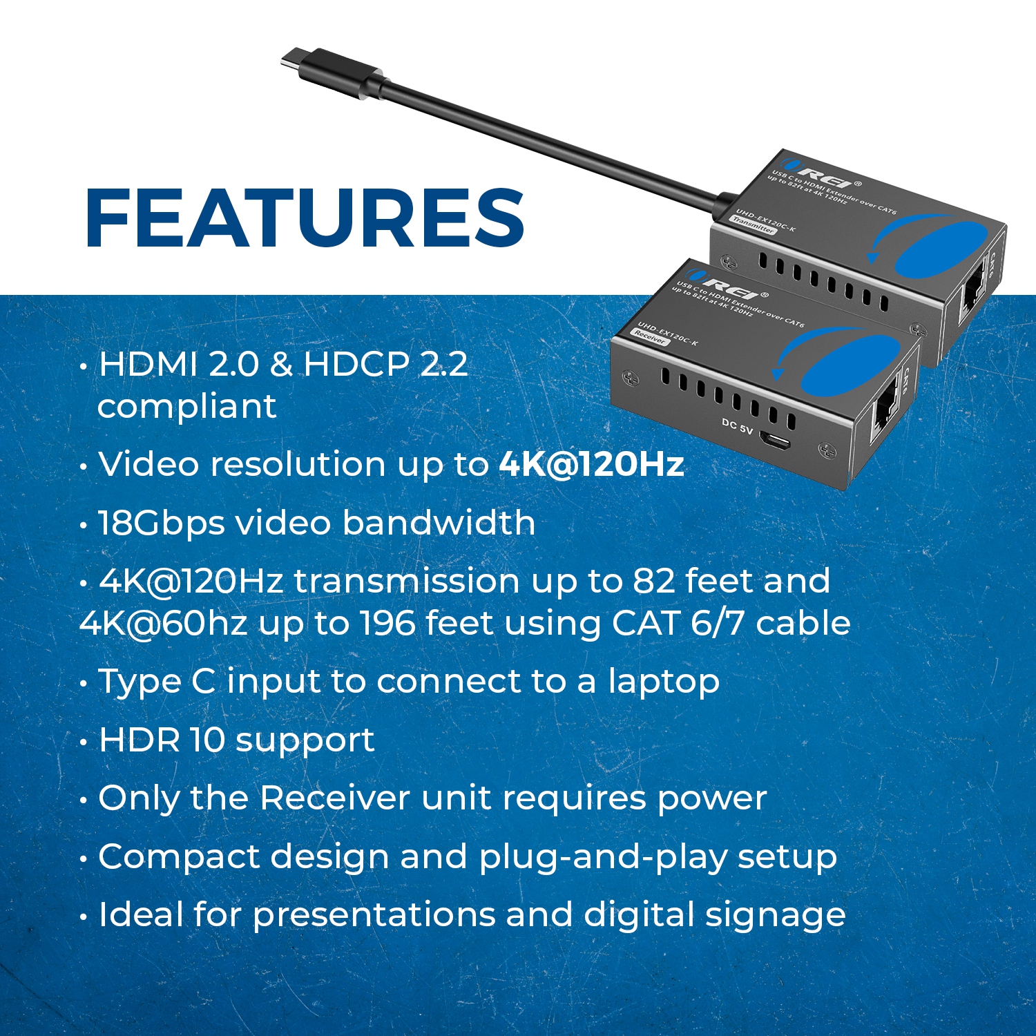 Prolongateur HDMI OREI 4K@120&nbsp;Hz sur Cat6 avec USB-C jusqu'à 82 pi